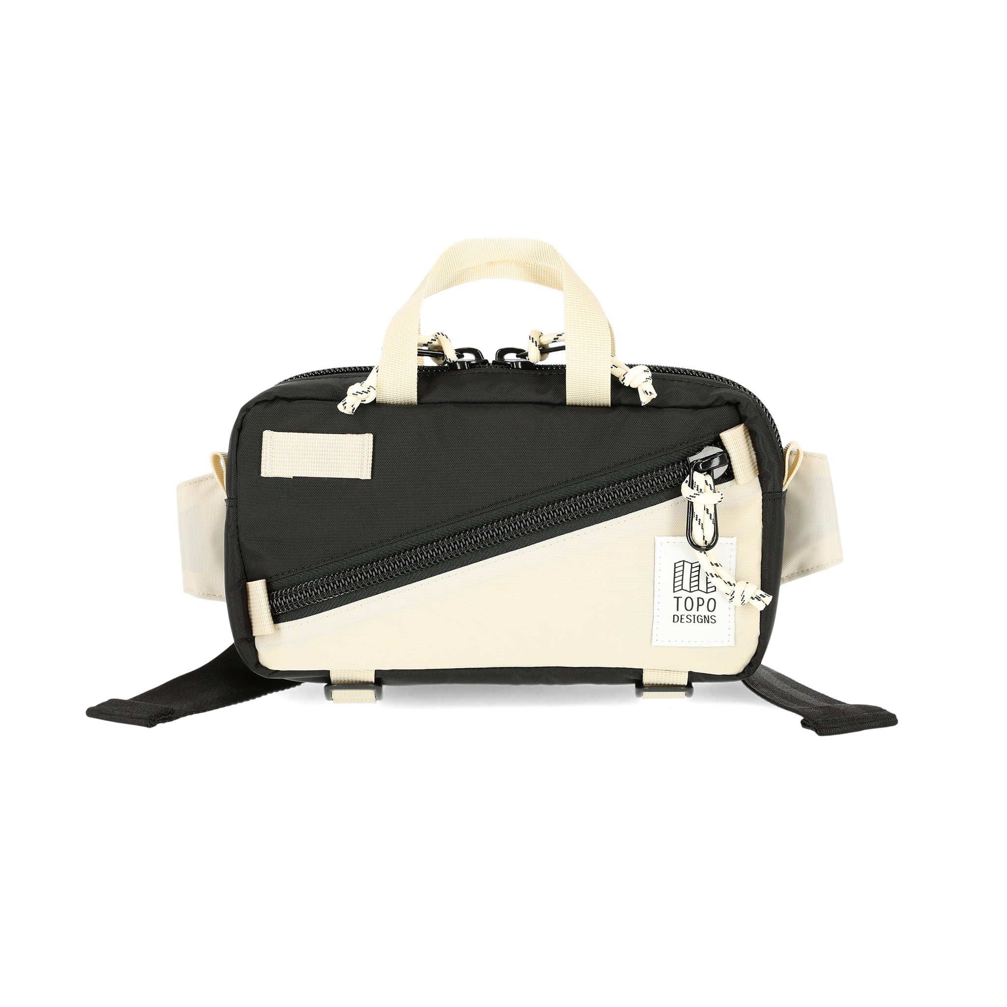 Topo Designs Mini Quick Pack crossbody hip fanny bum bag in "Black / Bone White" recycled nylon.