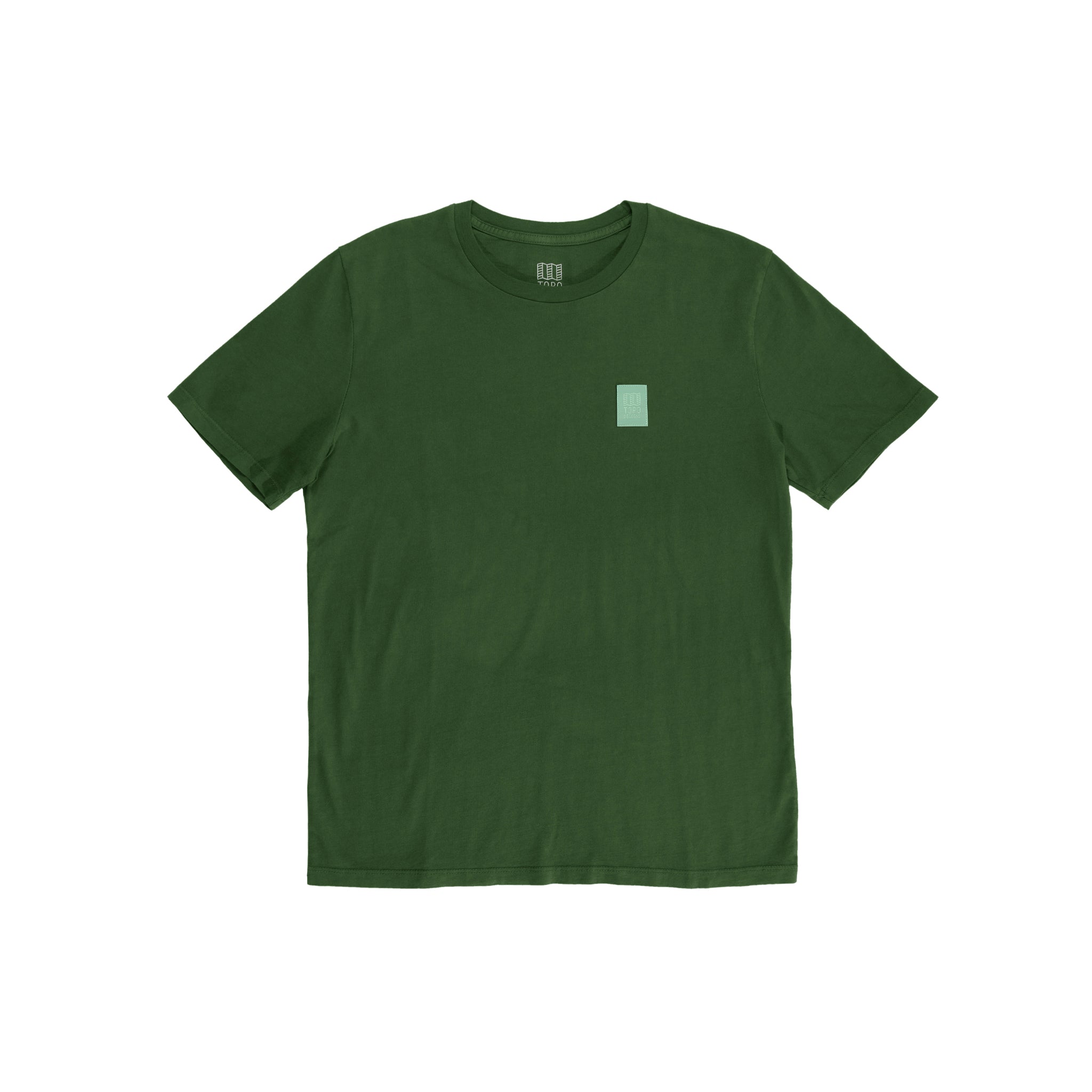 Front product shot of Topo Designs Men's Label short sleeve t-shirt in "Forest".