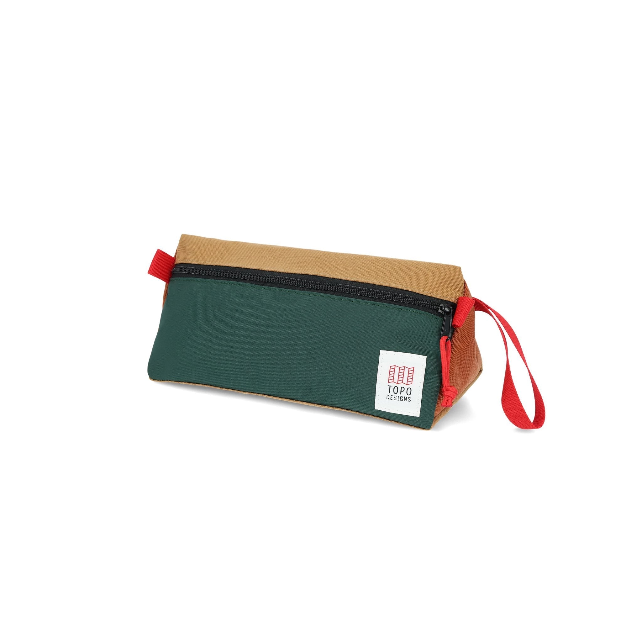 Topo Designs Dopp Kit toiletry travel bag in 100% recycled nylon Forest green & Khaki brown.