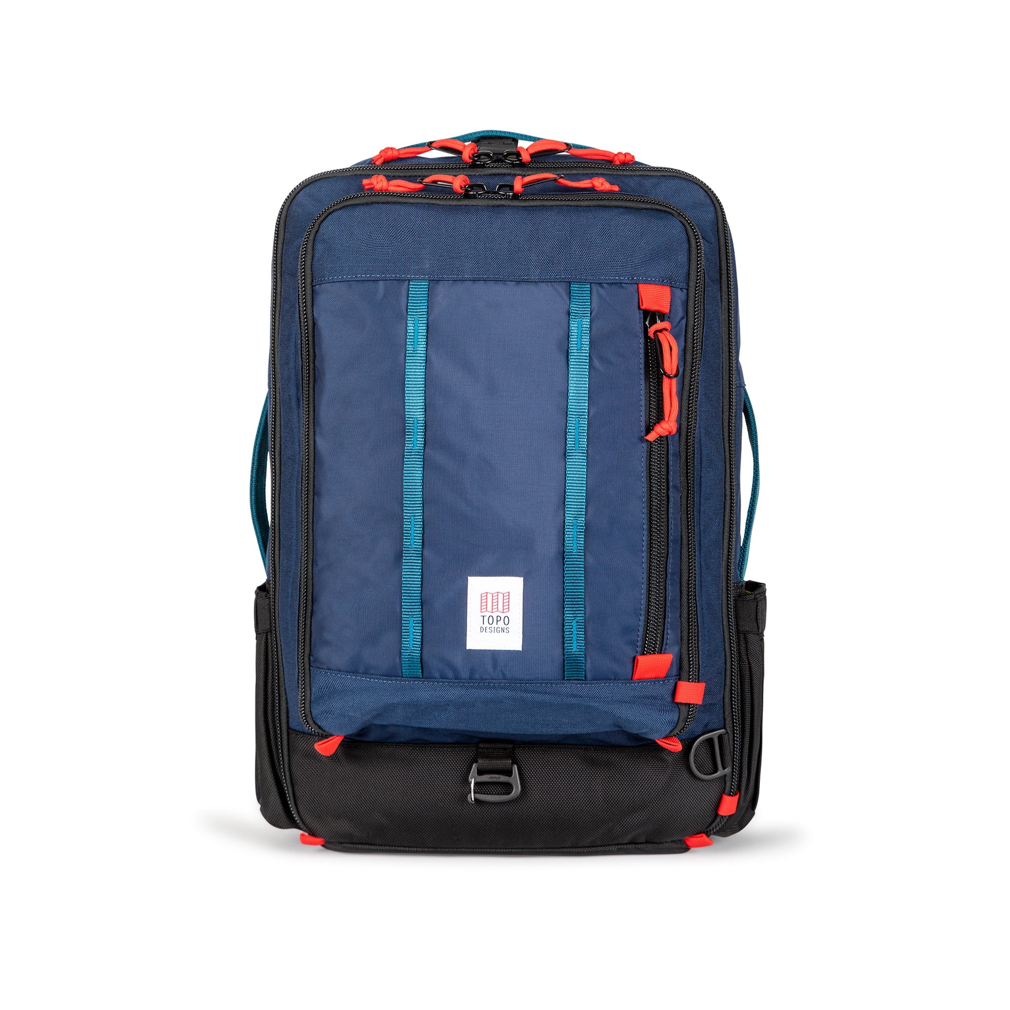 Topo Designs Global Travel Bag 30L Durable Carry On Convertible Laptop Travel Backpack in "Navy" blue.