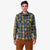 Topo Designs men's mountain organic cotton flannel shirt in "green multi" plaid on model.