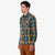 Topo Designs men's mountain organic cotton flannel shirt in "green multi" plaid on model.