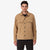 General shot of Topo Designs Men's recycled sustainable Wool Shirt in "Camel" brown on model front.