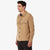 General shot of Topo Designs Men's recycled sustainable Wool Shirt in "Camel" brown on model side.