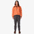 Front of Topo Designs Women's Mountain Fleece Pullover in "Rust / brick" pink orange on model.