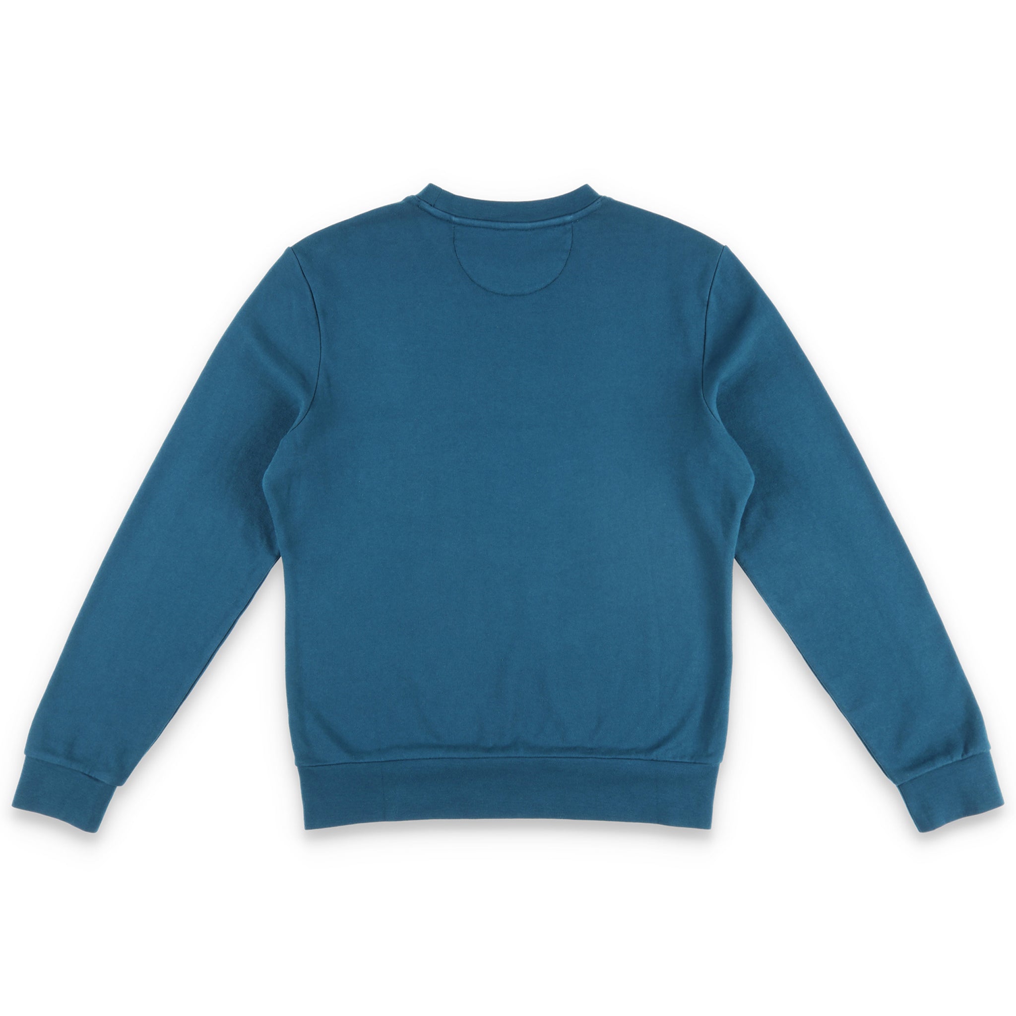 Back of Topo Designs Men's Dirt Crew sweatshirt in 100% organic cotton in "pond blue".