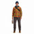 Front model shot of Topo Designs men's mountain organic cotton flannel shirt in "brick / mustard plaid" orange