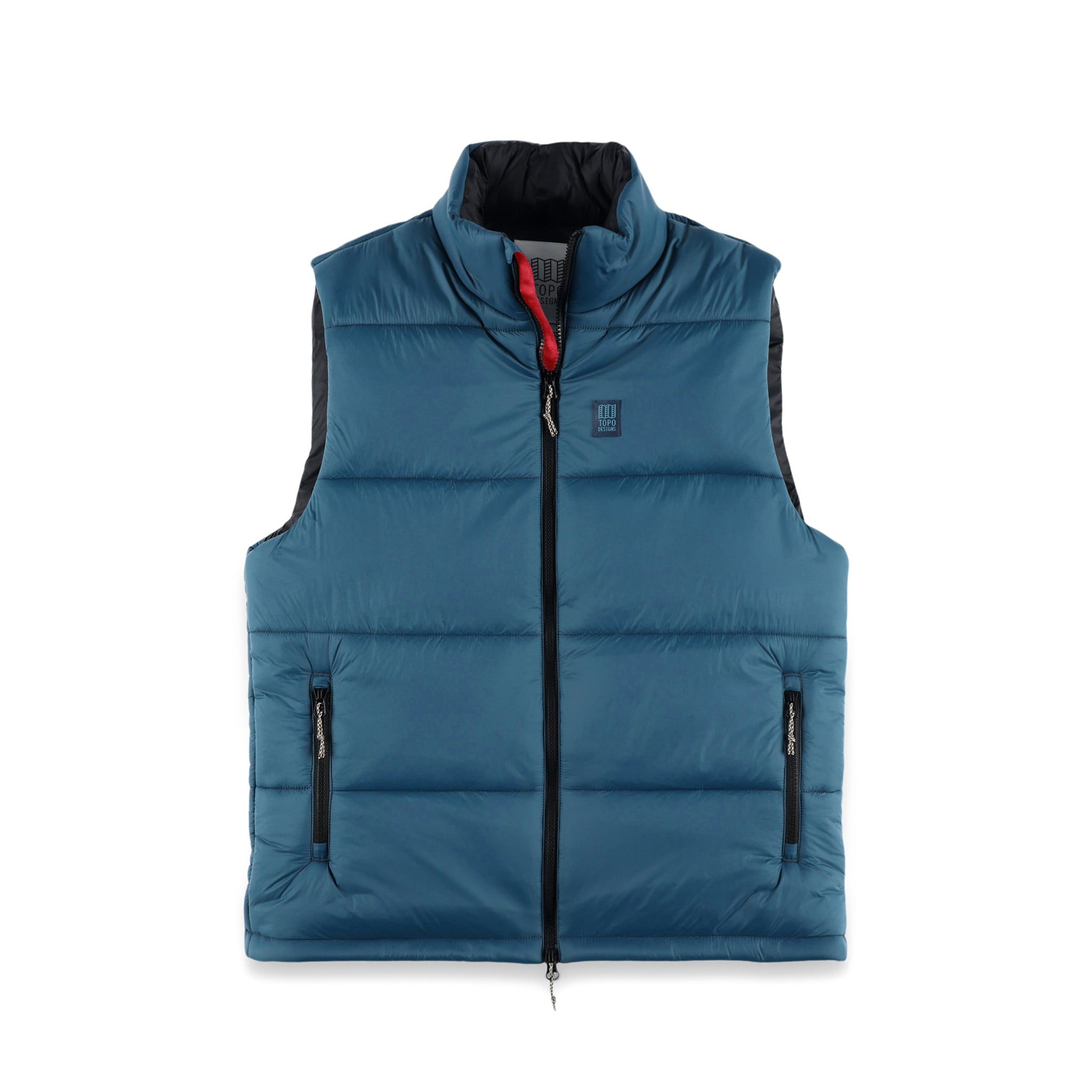 Topo Designs Men's Mountain Puffer recycled insulated Vest in "Pond Blue".