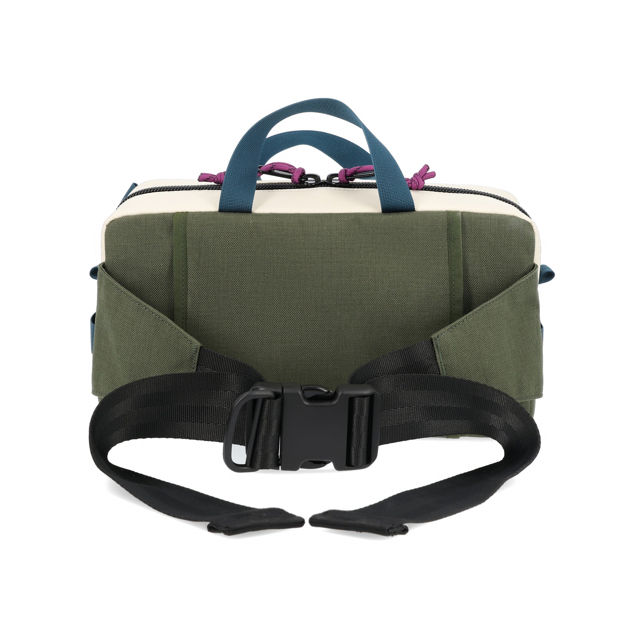 Back of Topo Designs Quick Pack hip fanny pack in "Bone White / Olive" nylon.