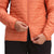 General detail shot of double zipper on Topo Designs Women's Global Puffer recycled insulated packable Hoodie jacket in "coral" pink