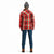 Back model shot of Topo Designs Women's Mountain Shirt Jacket in "red / yellow plaid". Show on  "brown / natural plaid"