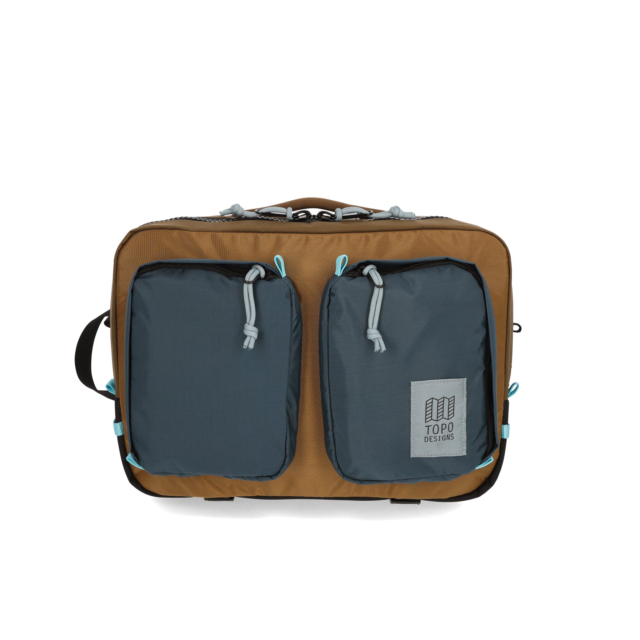 Topo Designs Global Briefcase convertible laptop travel backpack in recycled "Desert Palm / Pond Blue" nylon.