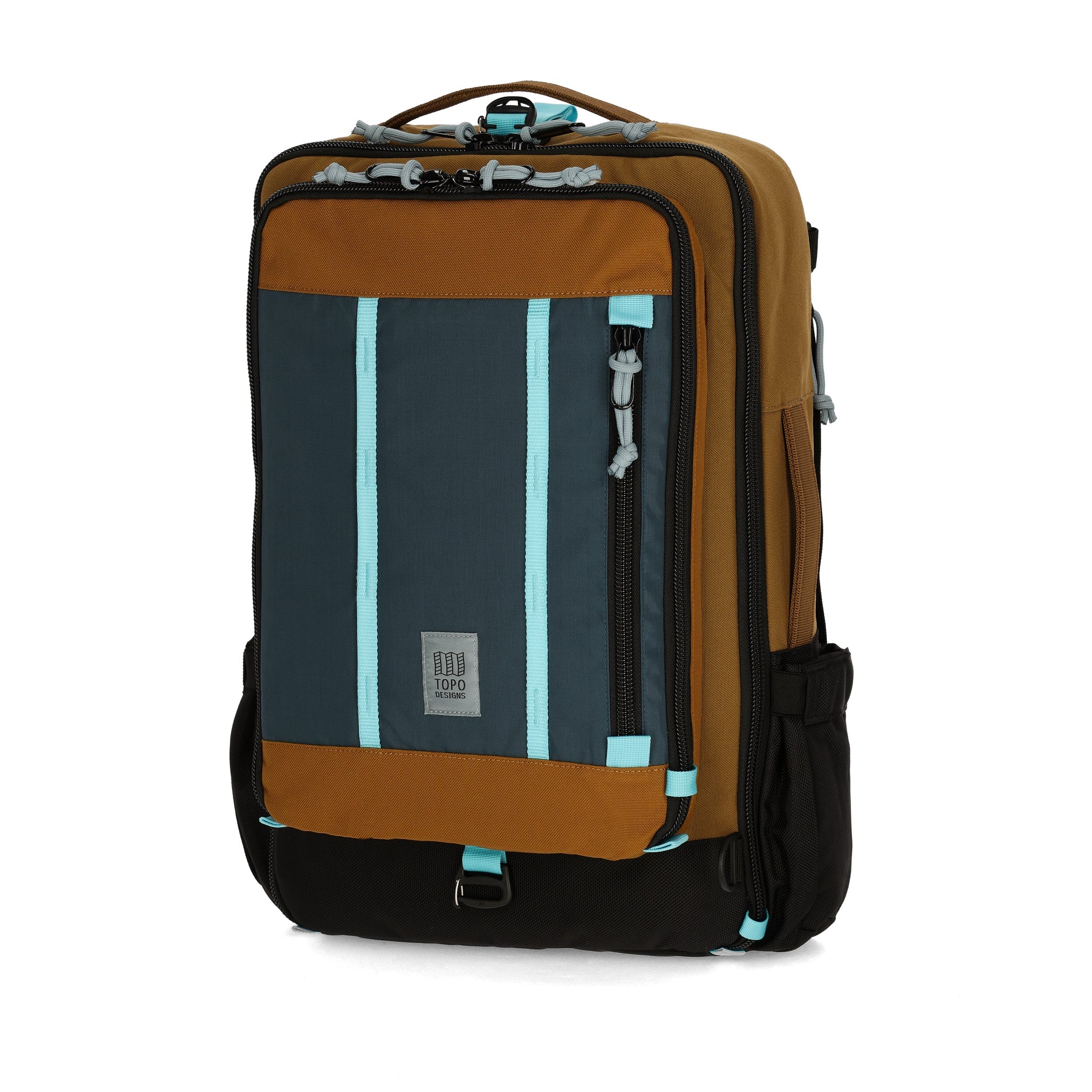 Topo Designs Global Travel Bag 30L Durable Carry On Convertible Laptop Travel Backpack in "Desert Palm / Pond Blue".