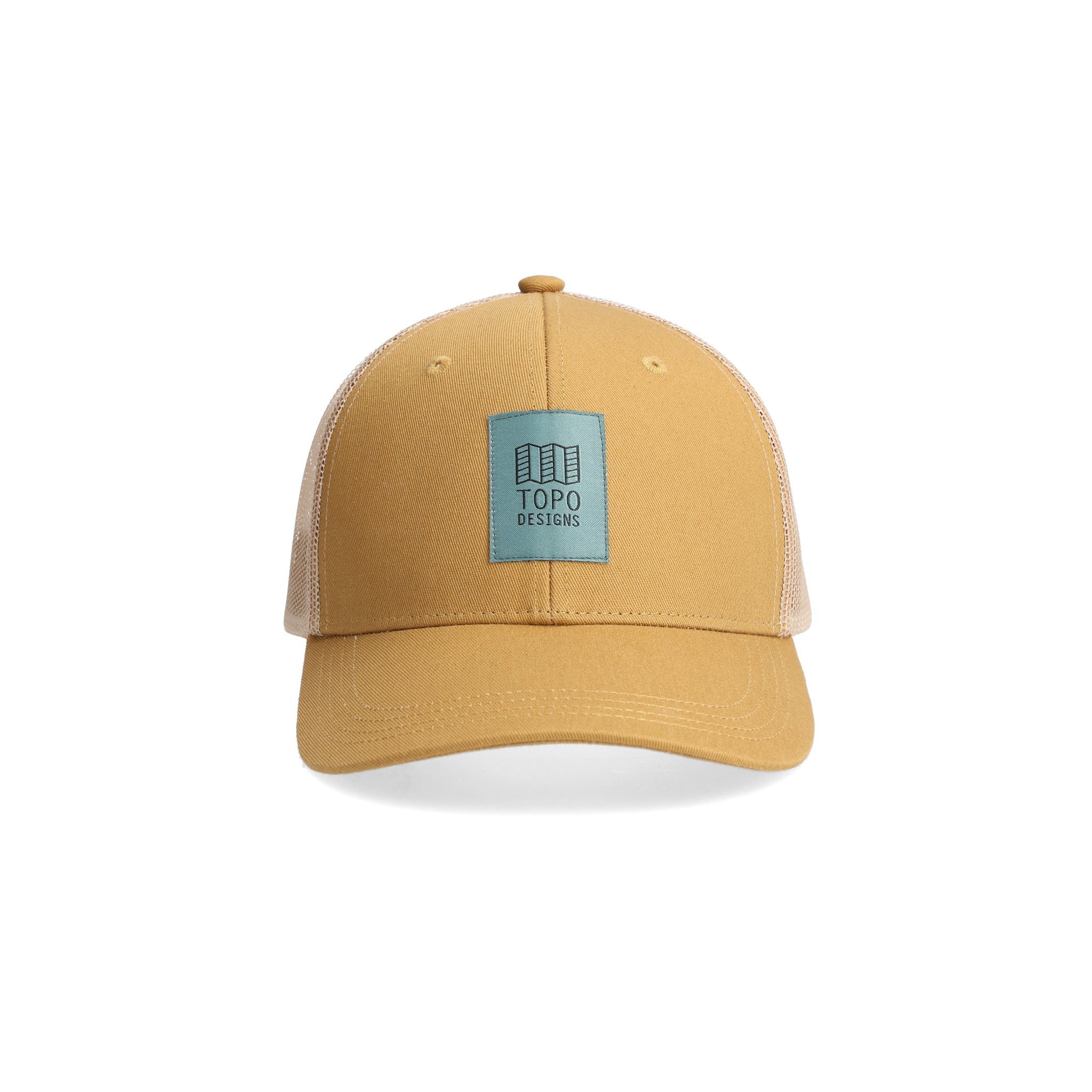 Topo Designs Trucker Hat with mesh back and original logo patch in "Khaki".