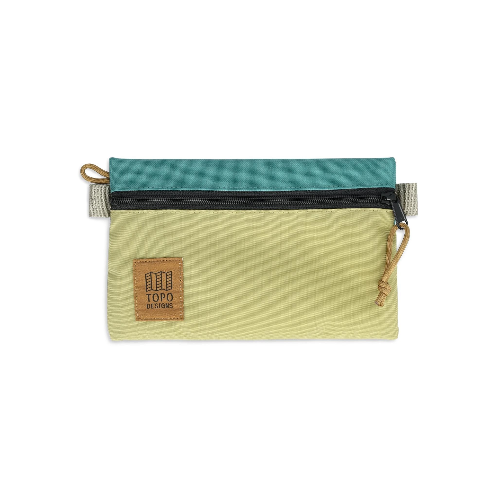 Front View of Topo Designs Accessory Bags in "Small" "Caribbean / Moss"