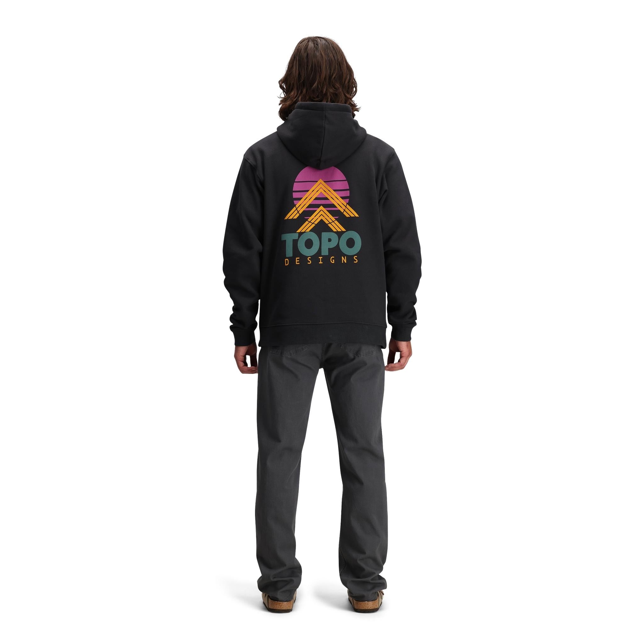 General back model shot of Topo Designs Alpine High Hoodie - Pinnacle in "Black"