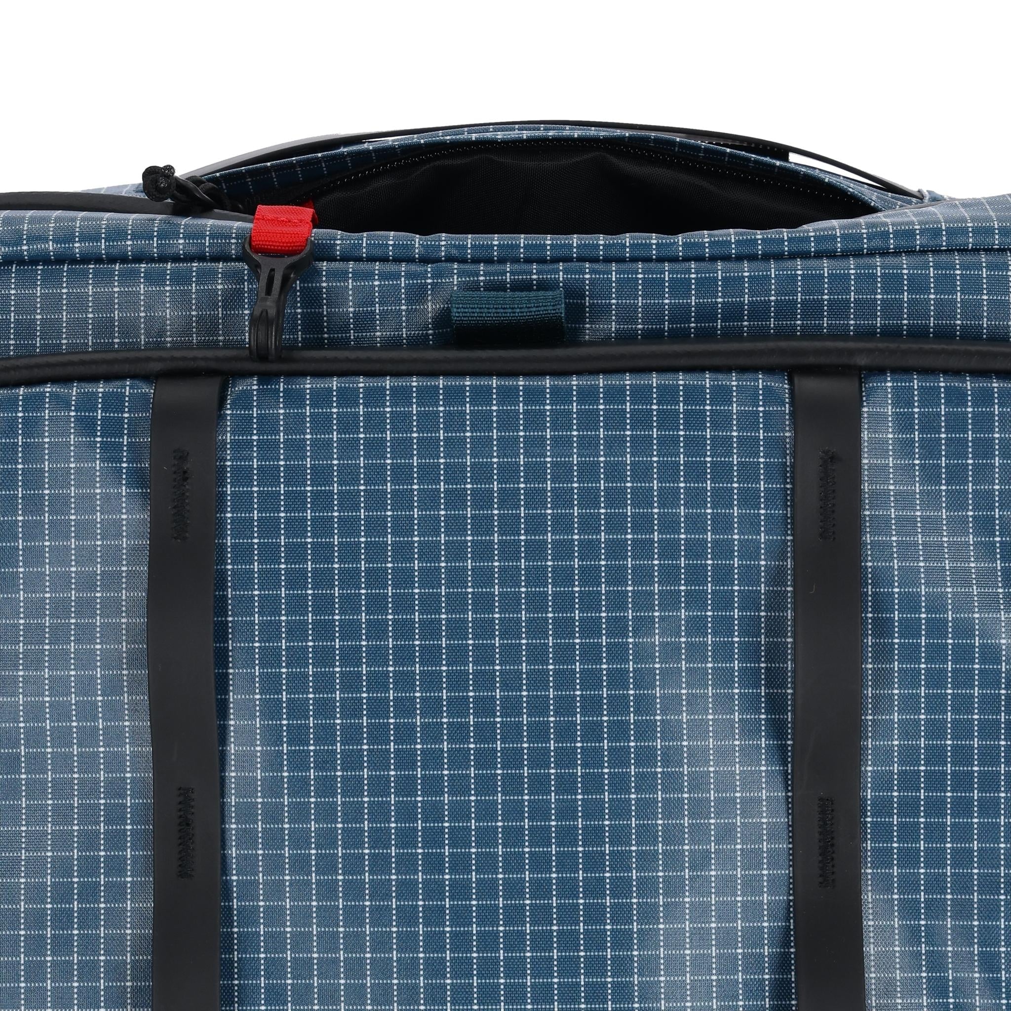 Detail shot of Topo Designs Apex Travel Roller Bag in "Pond Blue"