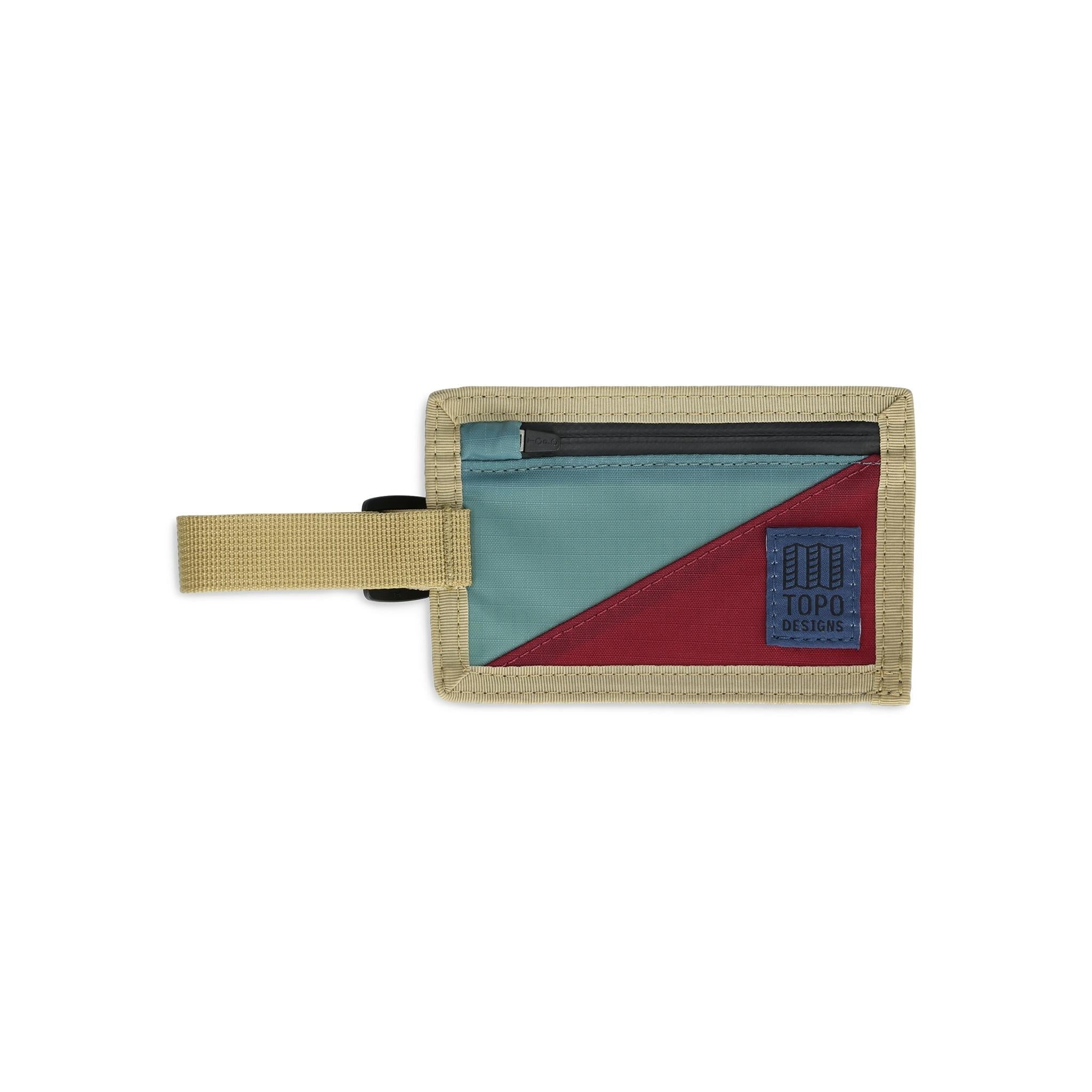 Front View of Topo Designs Luggage Tag in "Sea Pine / Burgundy"
