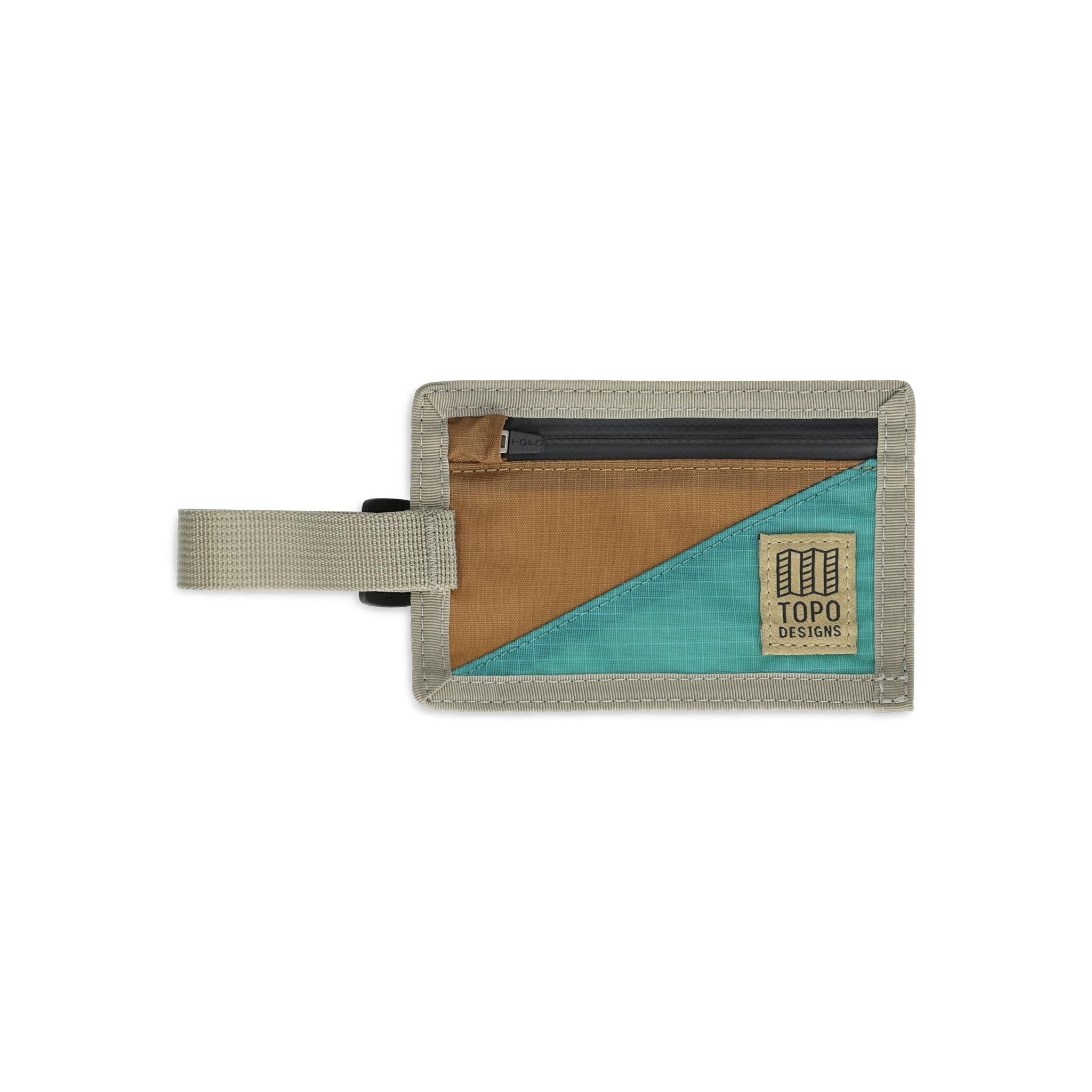 Front View of Topo Designs Luggage Tag in "Caribbean / Dark Khaki"