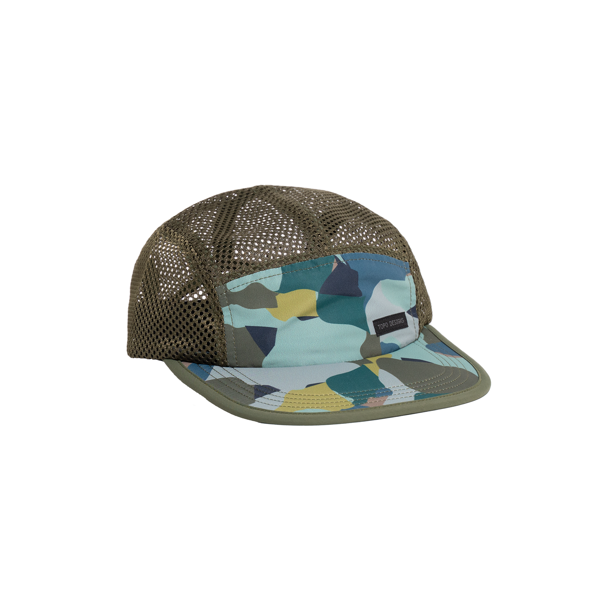 Topo Designs Global mesh back Hat in "Green Camo" green. Unstructured 5-panel flexible brim packable hat.