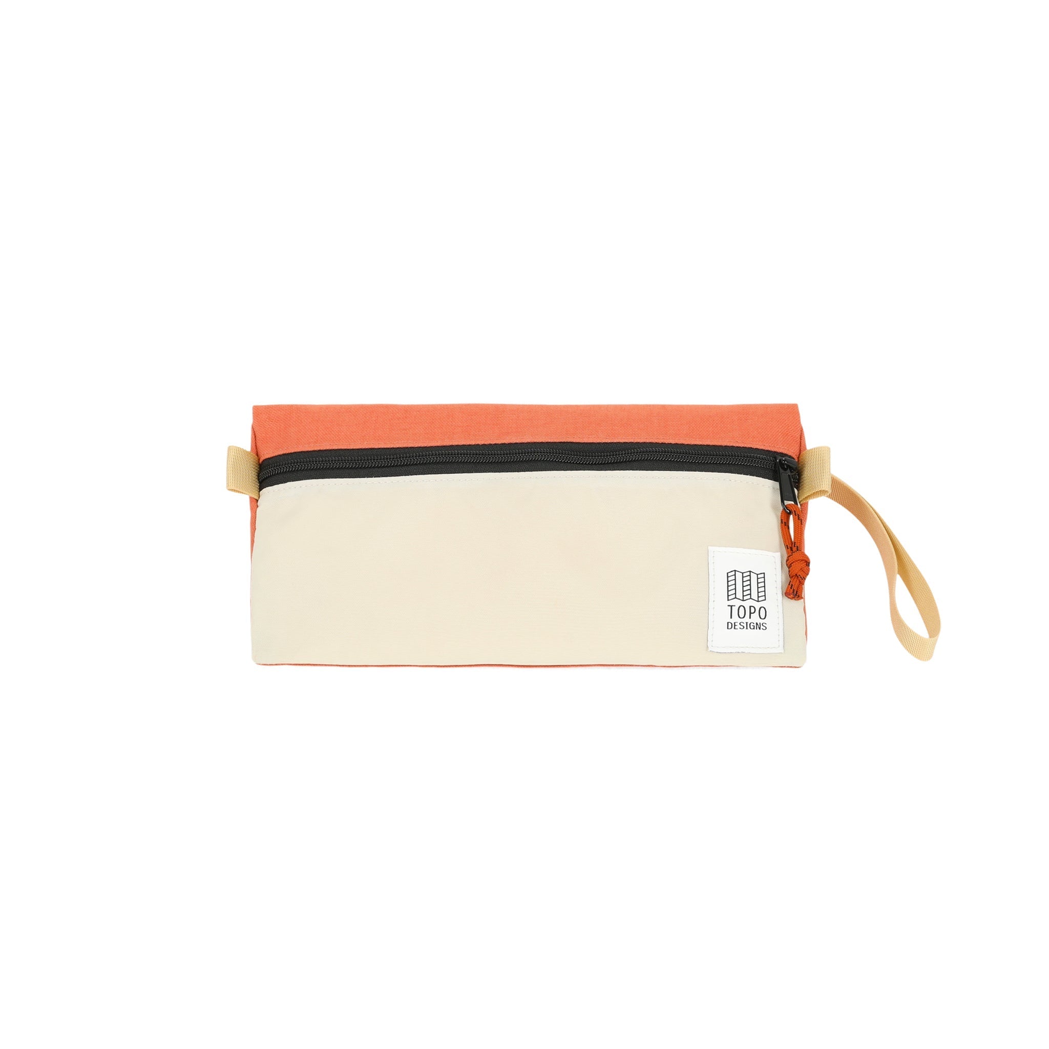 Topo Designs Dopp Kit toiletry travel bag in recycled bone white coral pink nylon.