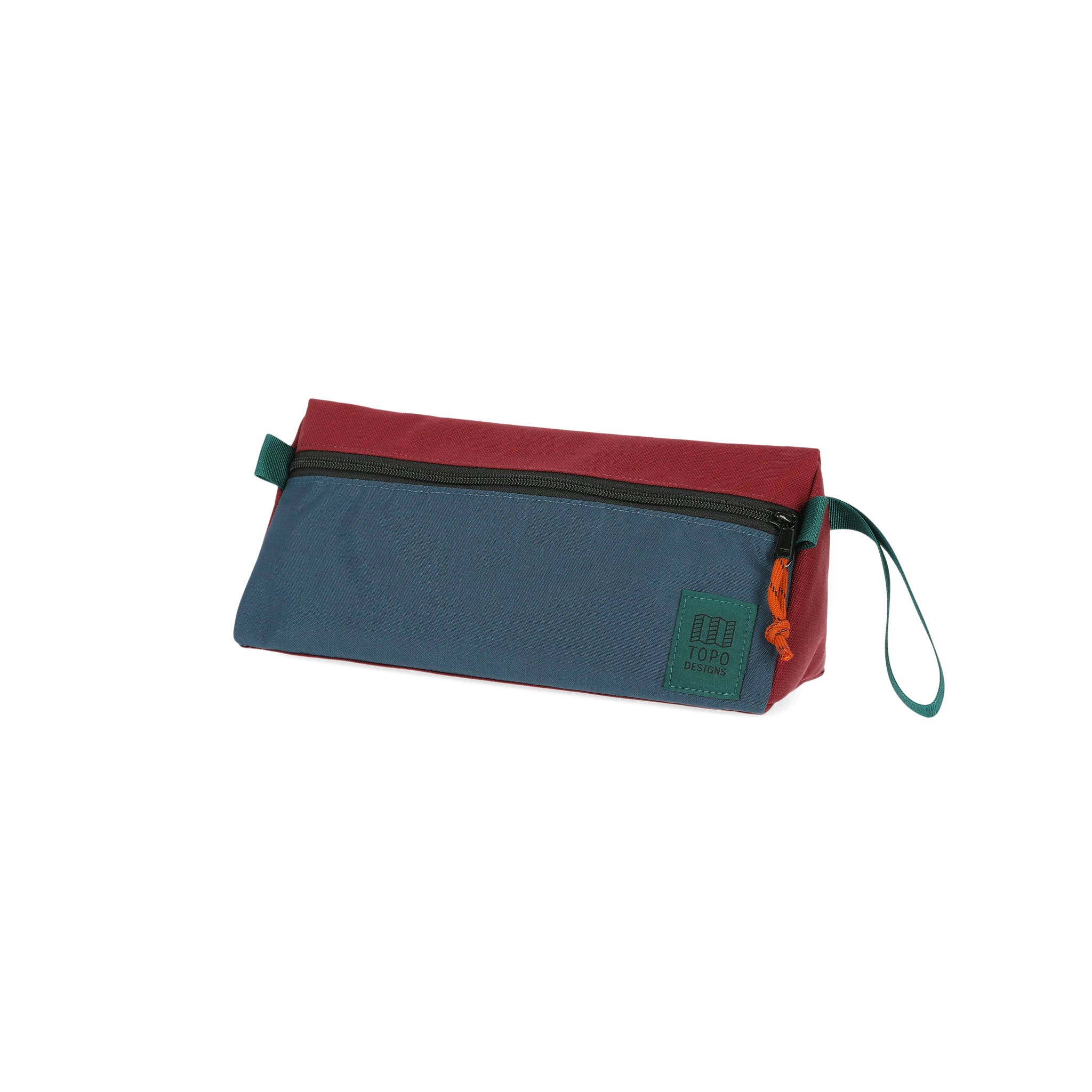 Topo Designs Dopp Kit toiletry travel bag in recycled pond blue zinfandel red nylon.