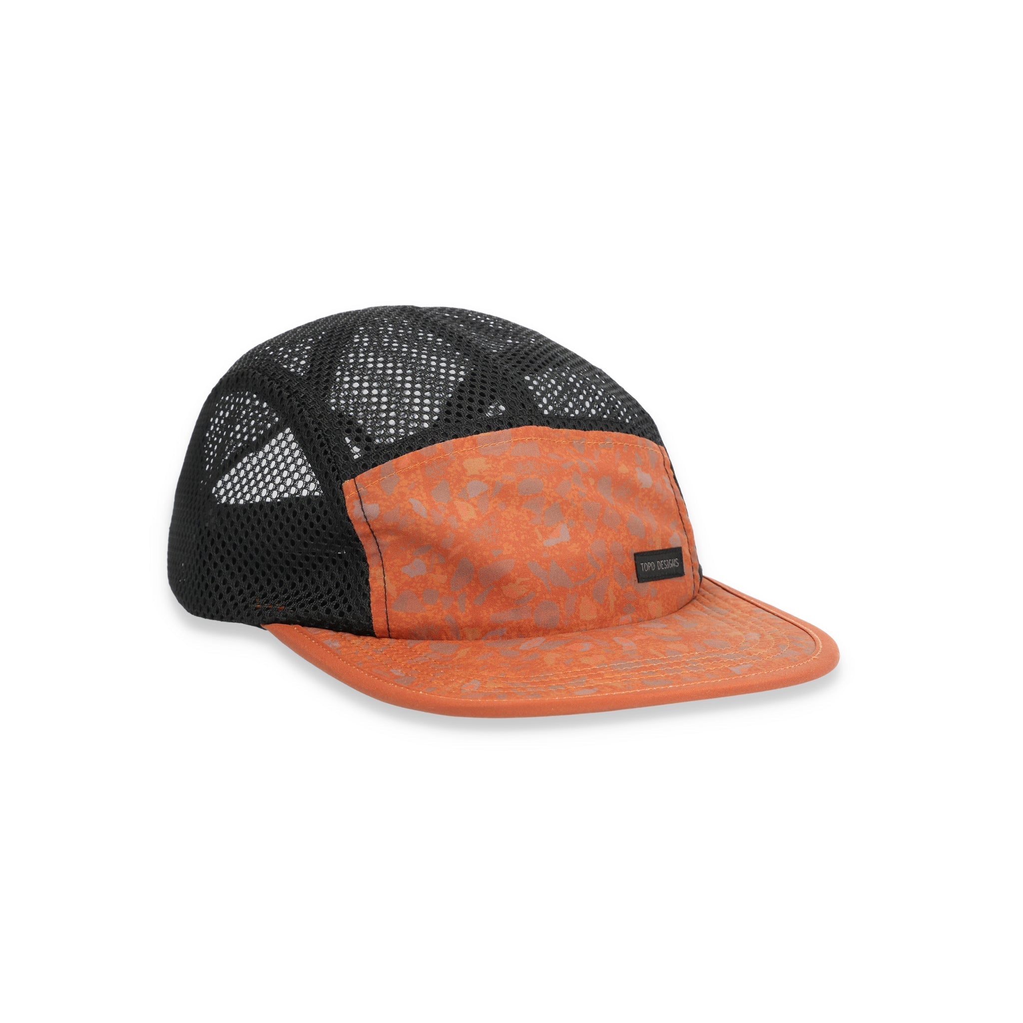 Topo Designs Global mesh back Hat in clay orange terrazzo print. Unstructured 5-panel flexible brim packable hat.