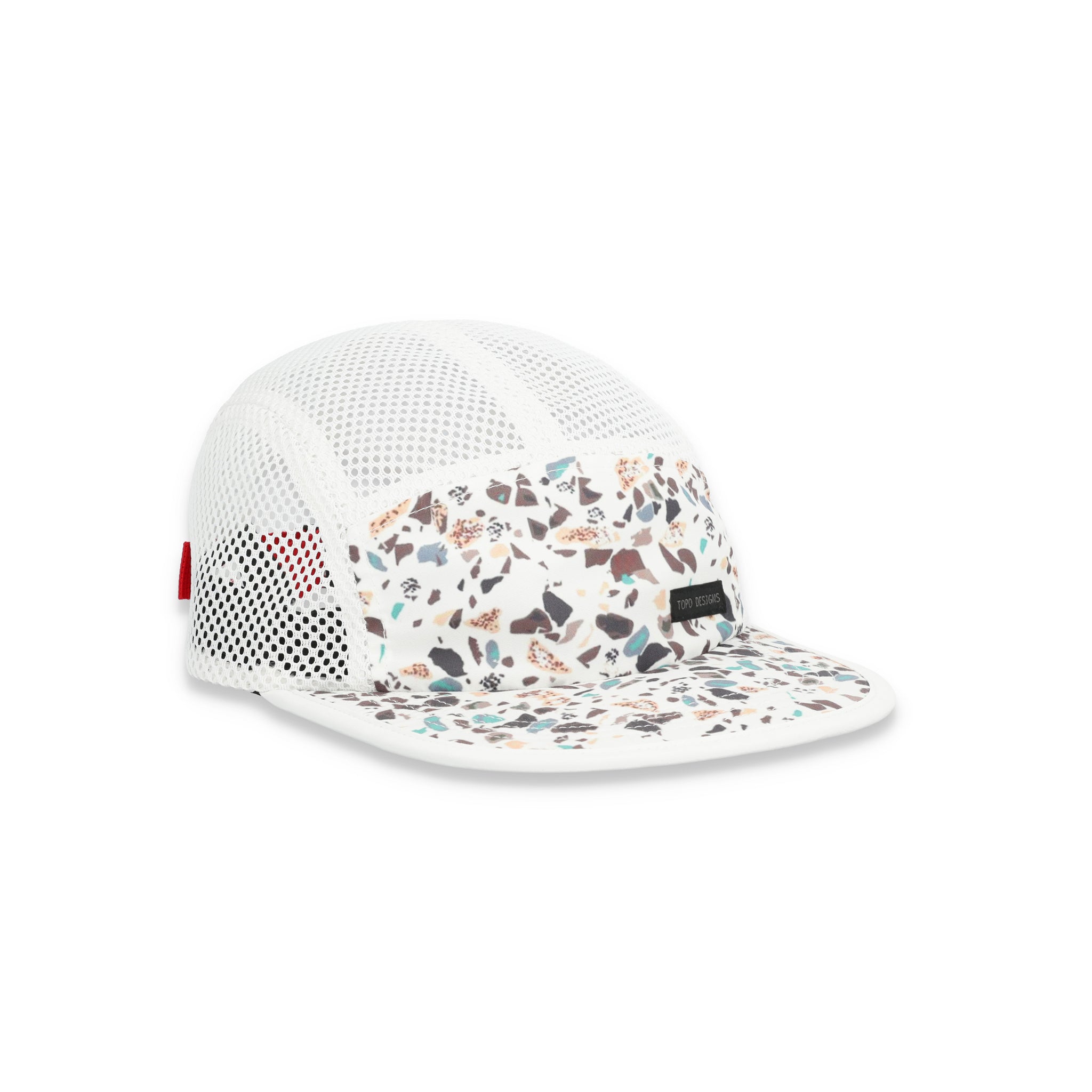 Topo Designs Global mesh back Hat in natural white terrazzo print. Unstructured 5-panel flexible brim packable hat.