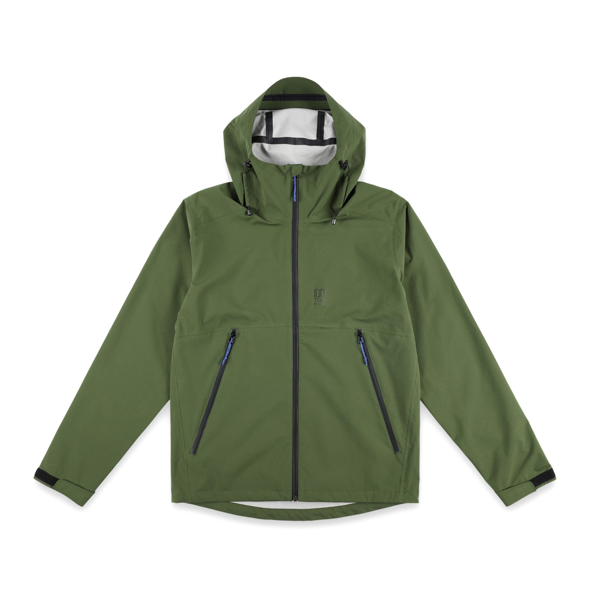 Topo Designs Men's Global Jacket packable 10k waterproof rain shell in recycled "Olive" green polyester.