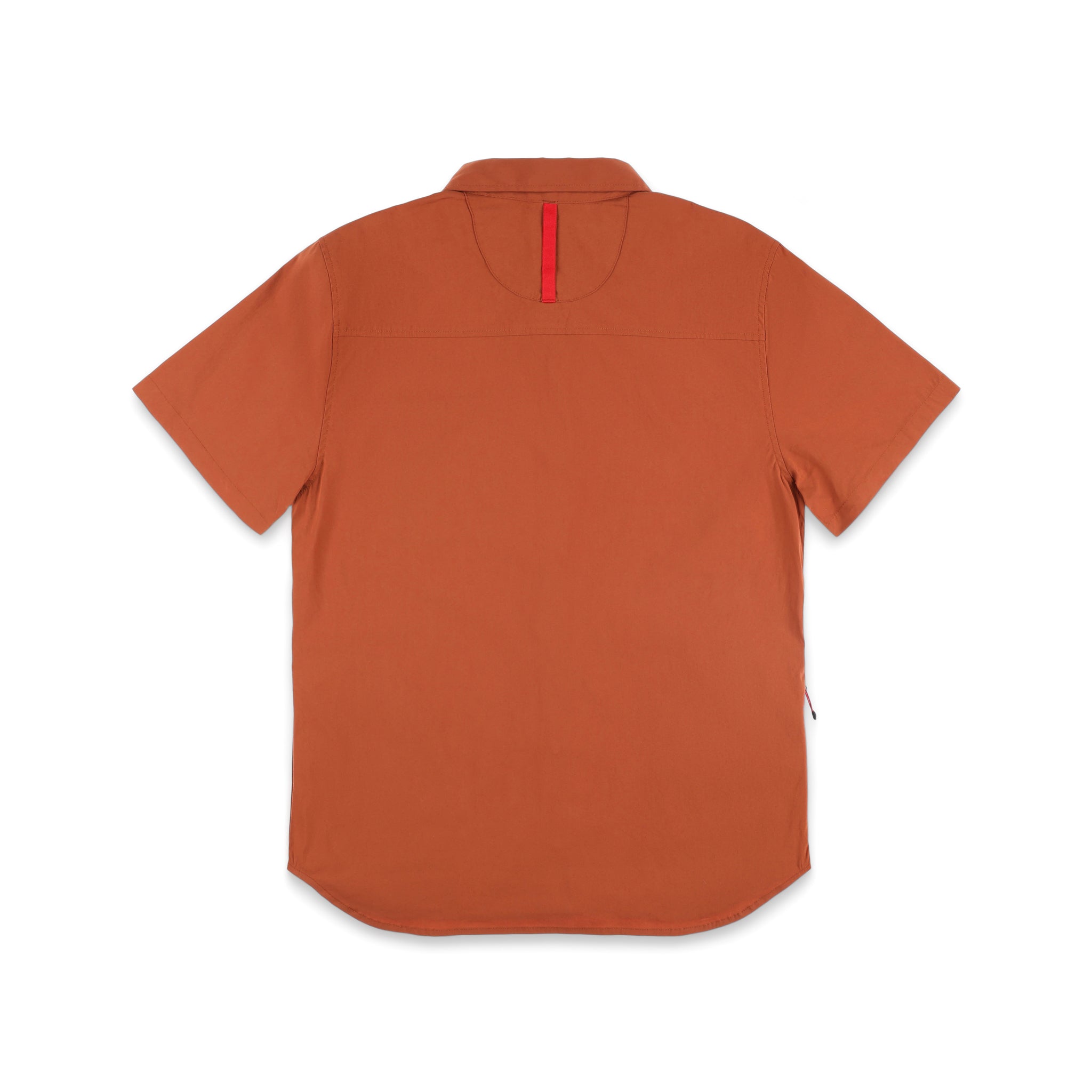 PackFast Packing Band on Topo Designs Men's Global Shirt Short Sleeve 30+ UPF rated travel shirt in "Brick" orange.