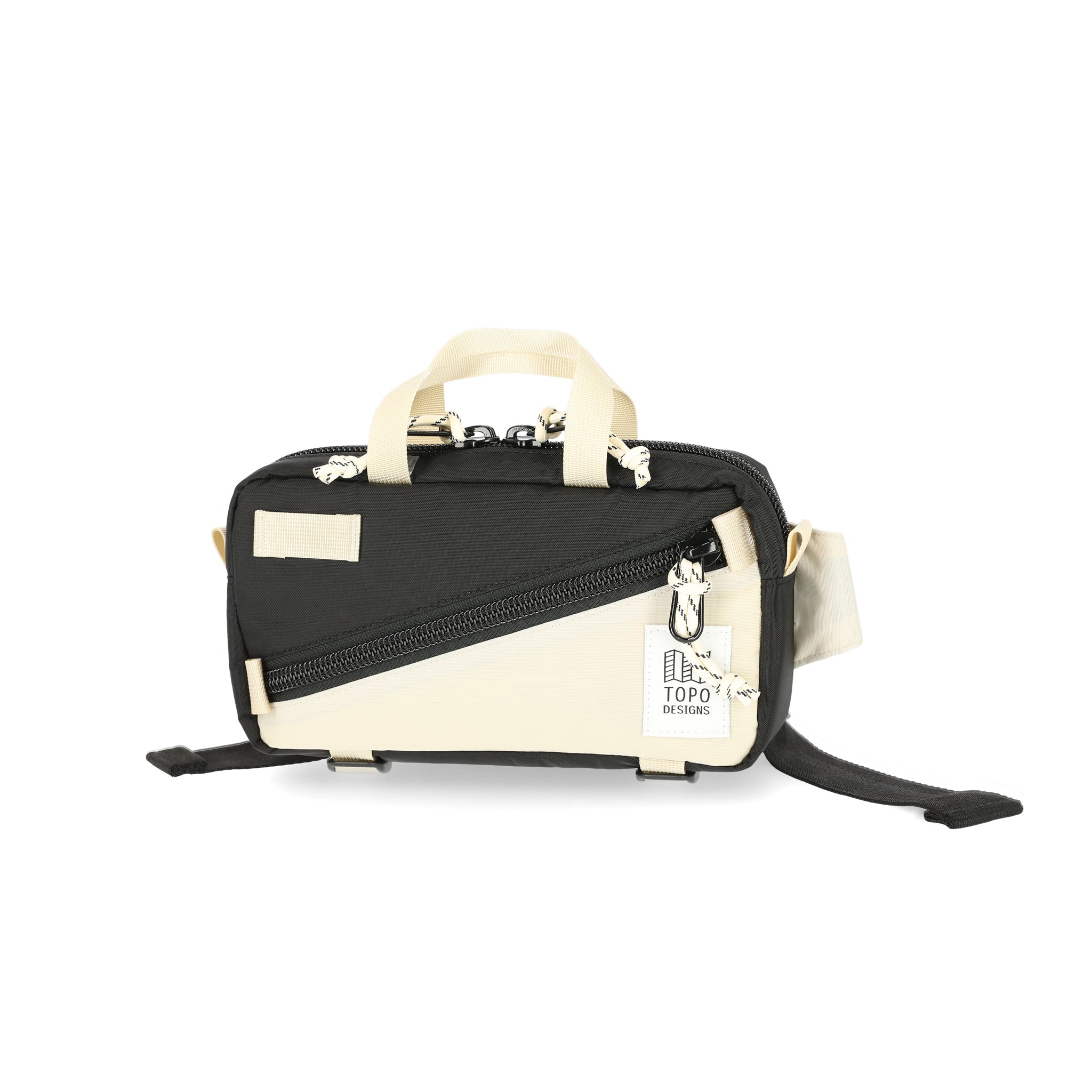 Topo Designs Mini Quick Pack crossbody hip fanny bum bag in "Black / Bone White" recycled nylon.