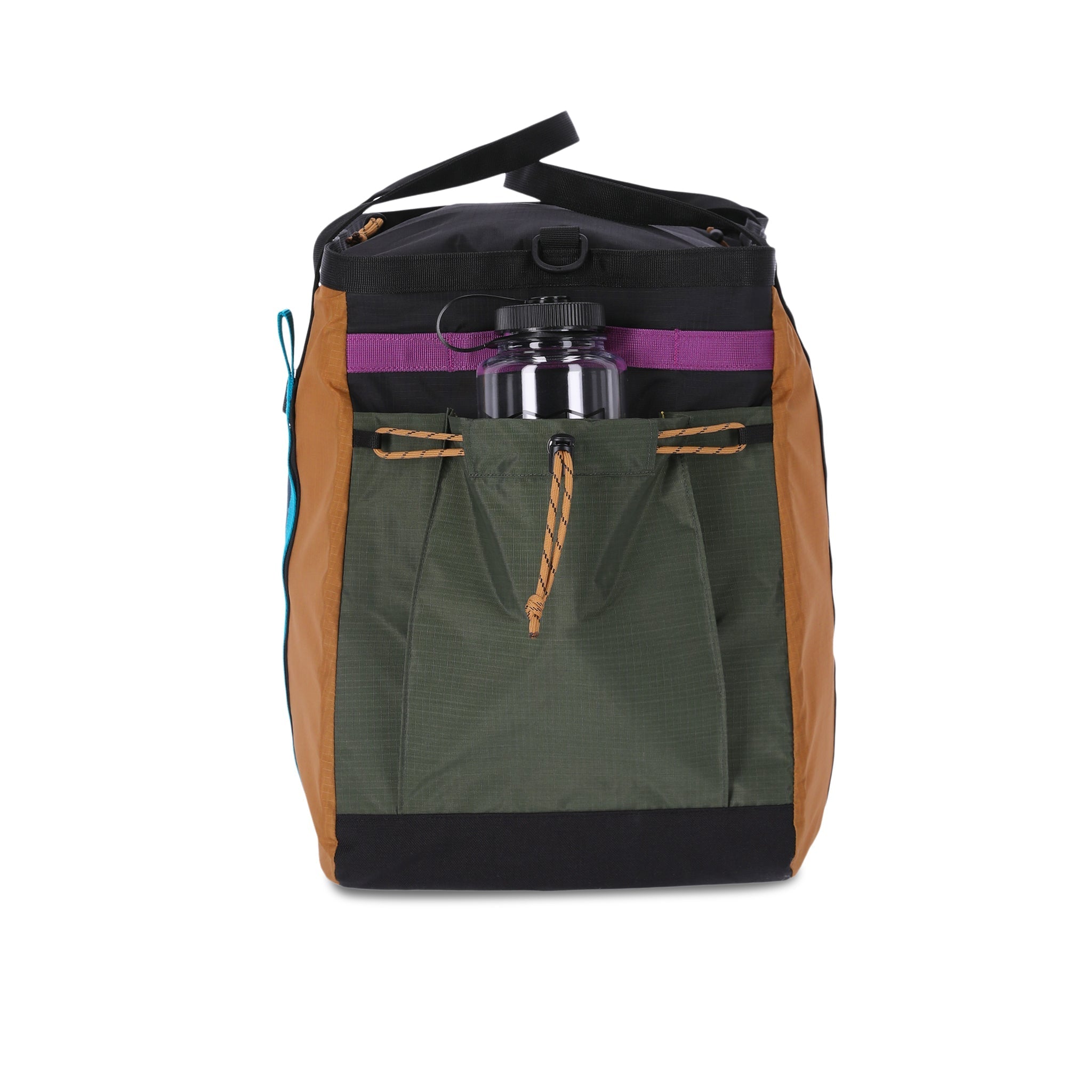 General shot of nalgene in expandable side cinch pocket on Topo Designs Mountain Gear Bag tote hauler in lightweight recycled khaki brown pond blue nylon.