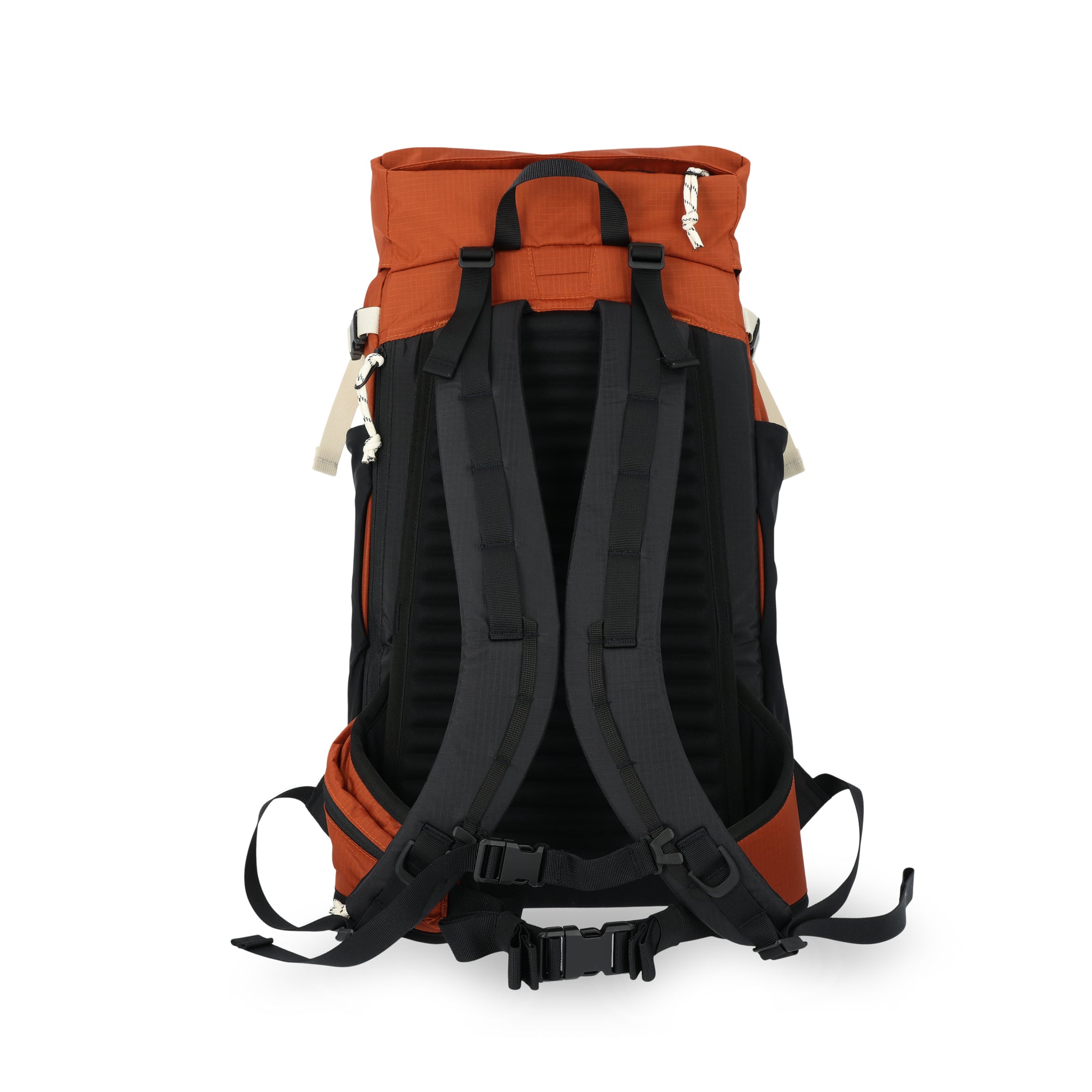 General shot of padded shoulder straps, sternum strap, and waist belt on Topo Designs Mountain Pack 28L hiking backpack with external laptop sleeve access in lightweight recycled clay orange black nylon.