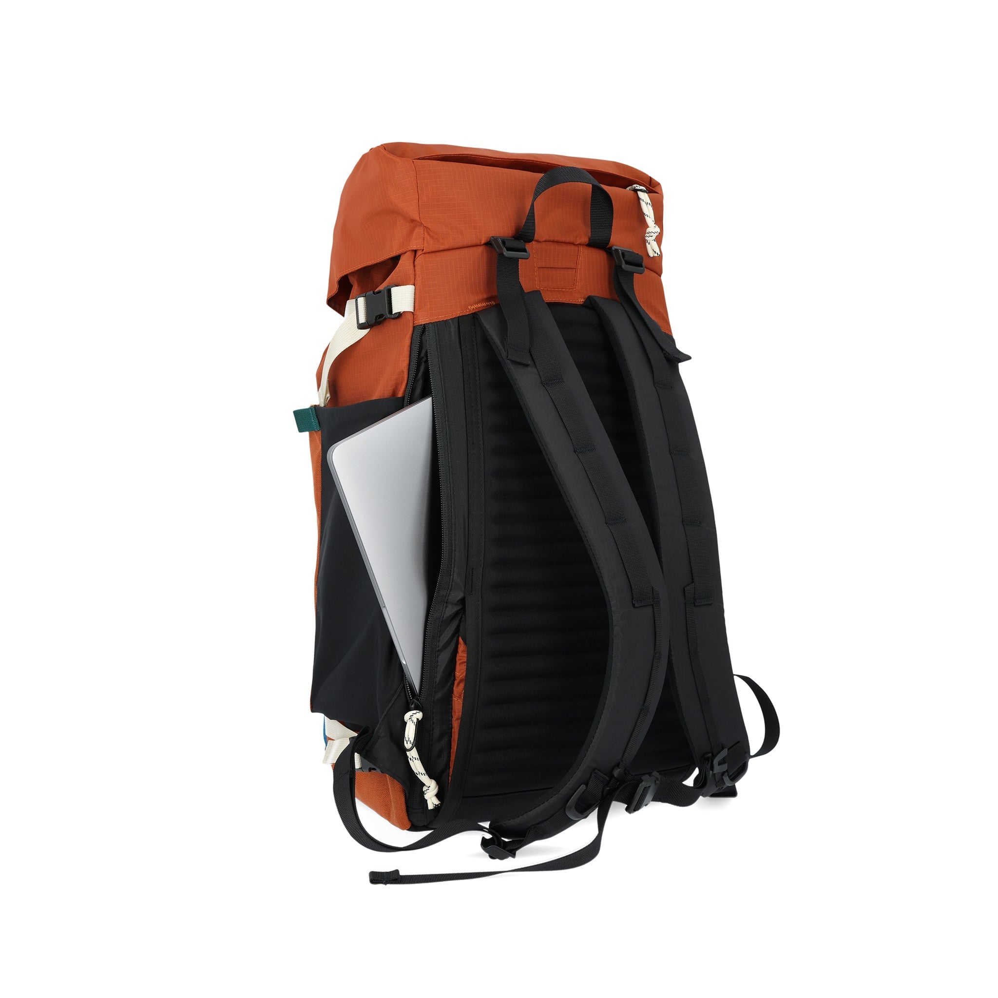 General shot of external access laptop sleeve on Topo Designs Mountain Pack 28L hiking backpack with external laptop sleeve access in lightweight recycled clay orange black nylon.