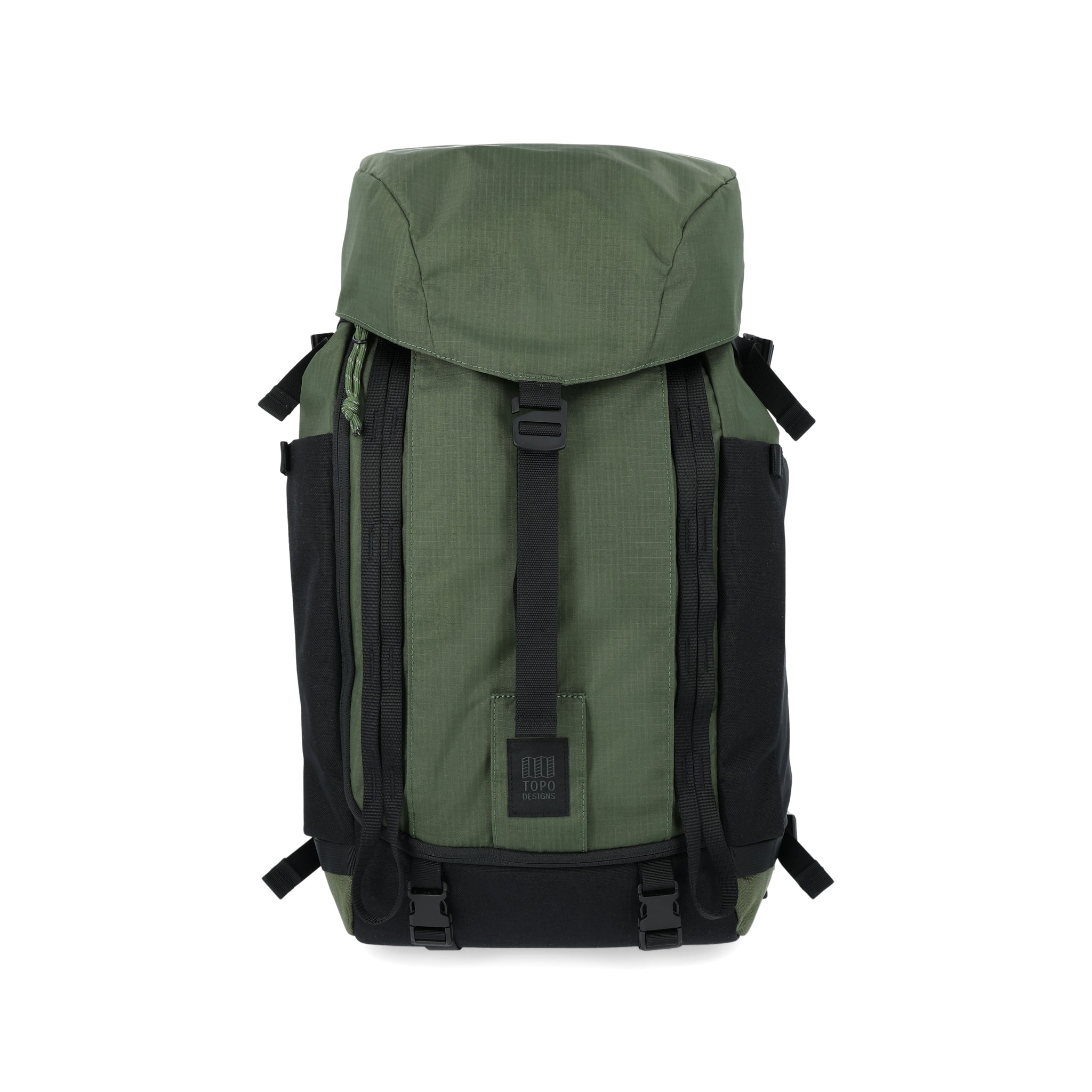 Topo Designs Mountain Pack 28L hiking backpack with external laptop sleeve access in lightweight recycled "Olive" green nylon.