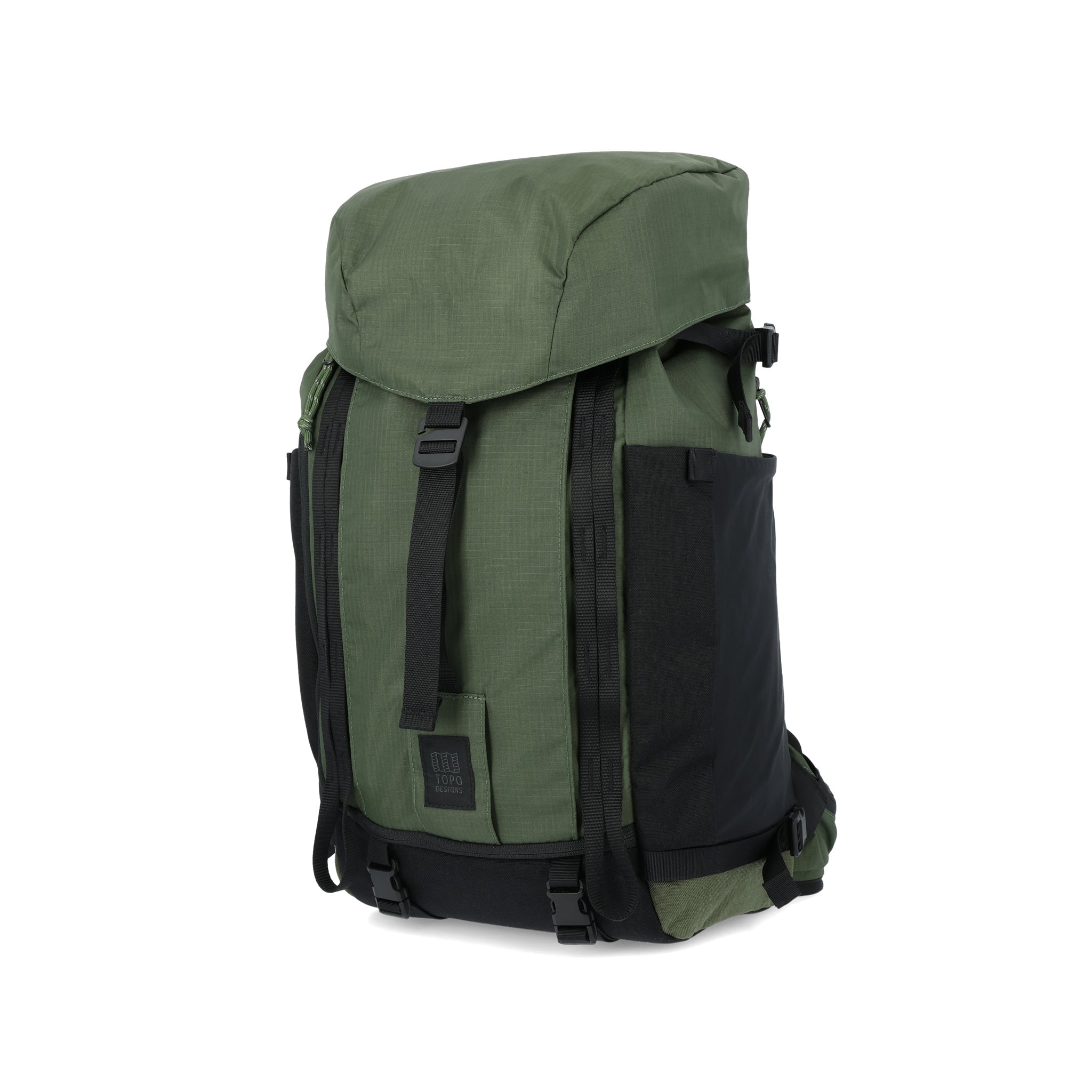 Topo Designs Mountain Pack 28L hiking backpack with external laptop sleeve access in lightweight recycled "Olive" green nylon.