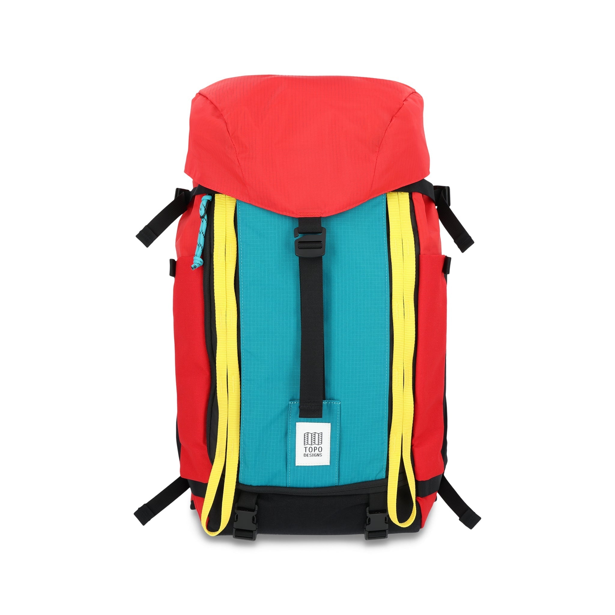 Topo Designs Mountain Pack 28L hiking backpack with external laptop sleeve access in lightweight recycled "Red / Turquoise" nylon.