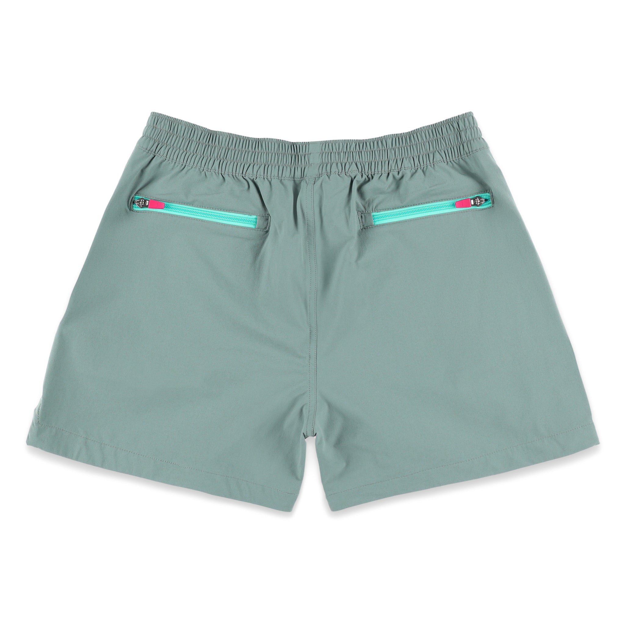 Back zipper pockets on Topo Designs Women's Global lightweight quick dry travel Shorts in "Slate" blue.