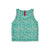 PackFast packing band on back of Topo Designs Women's 30+ UPF moisture wicking River Tank top in turquoise blue green terrazzo print.