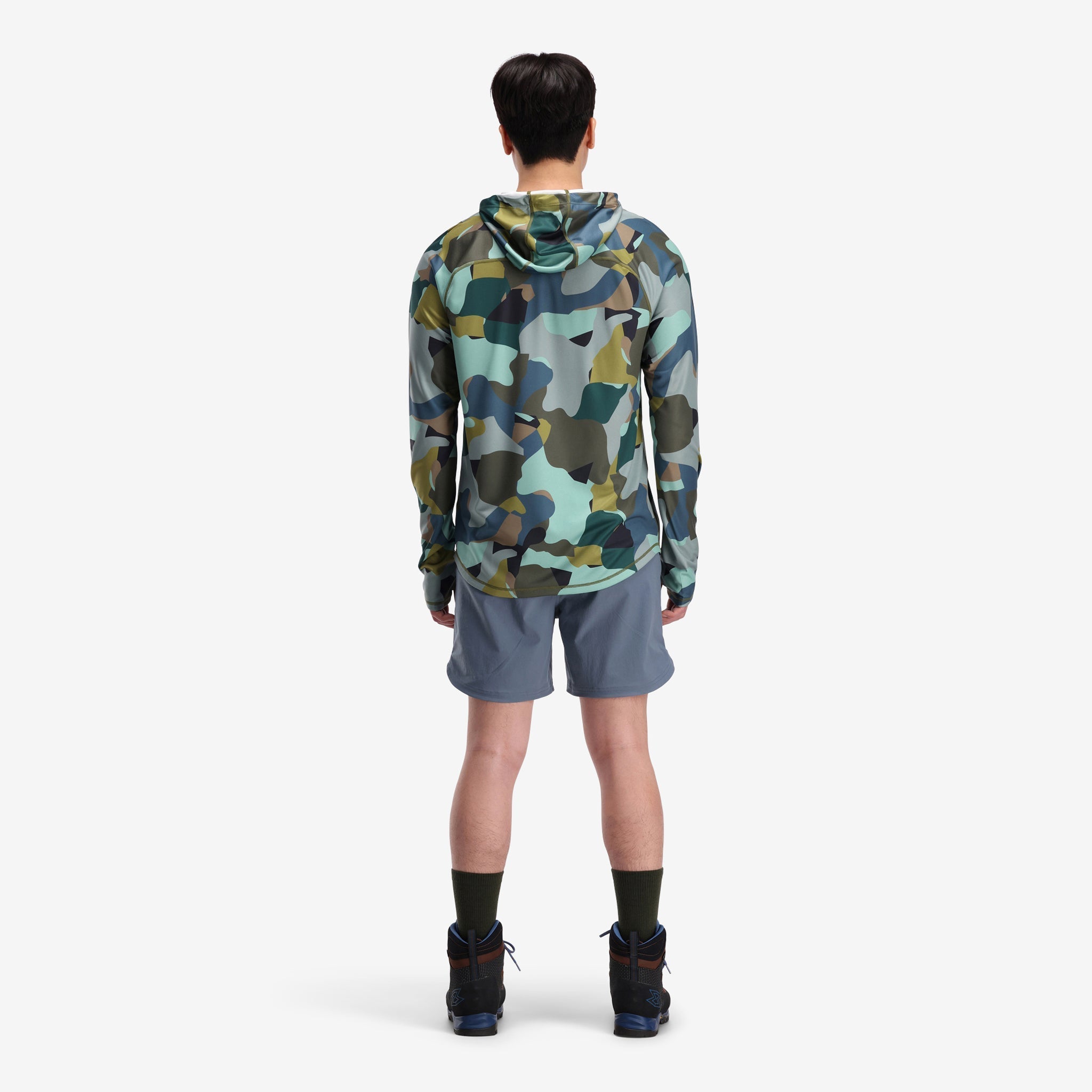 General on model back shot of Topo Designs Men's River Hoodie 30+ UPF moisture wicking quick dry top in "Green Camo" green.