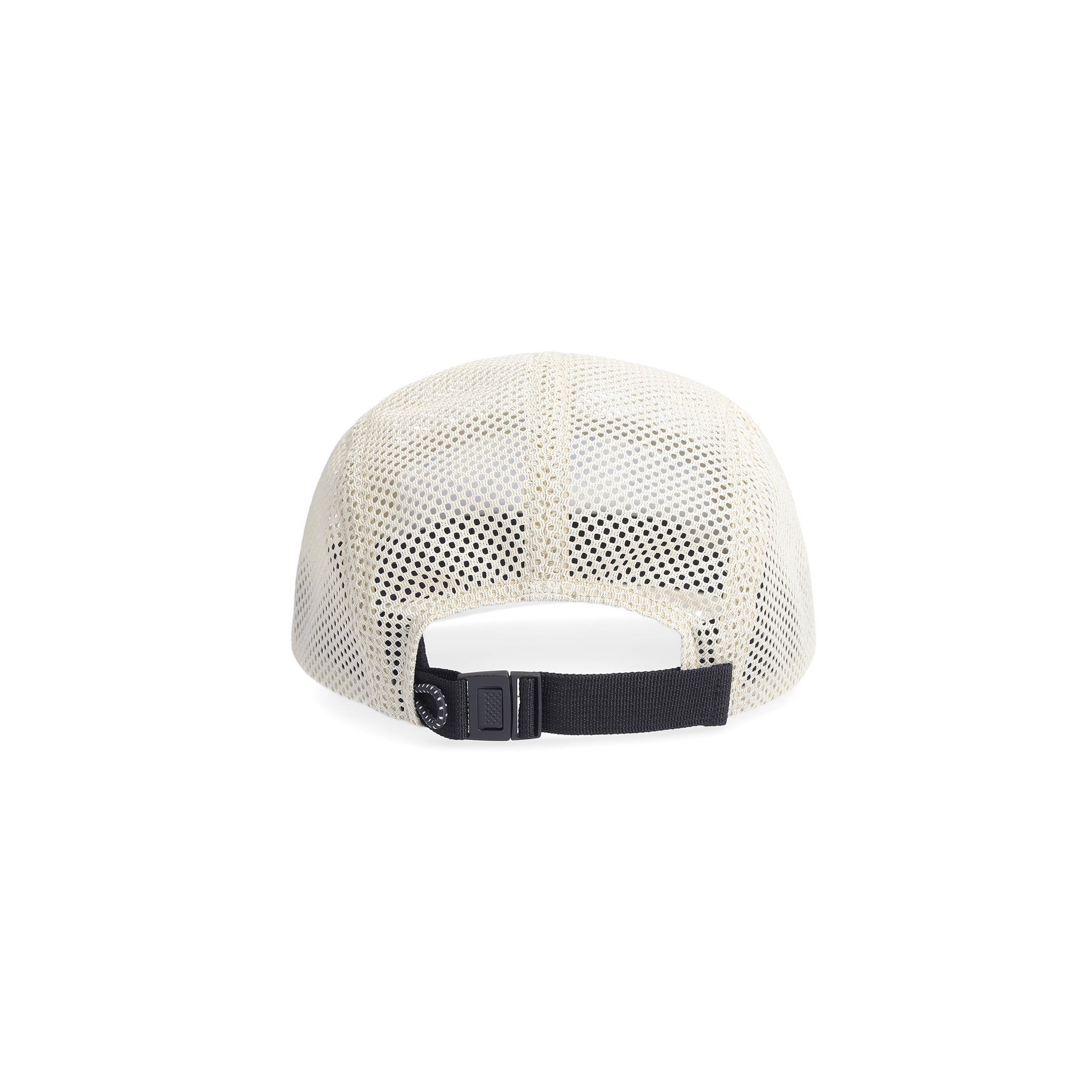 Back shot of Topo Designs Global mesh back Hat in "Sand / Pebble" white. Unstructured 5-panel flexible brim packable hat.