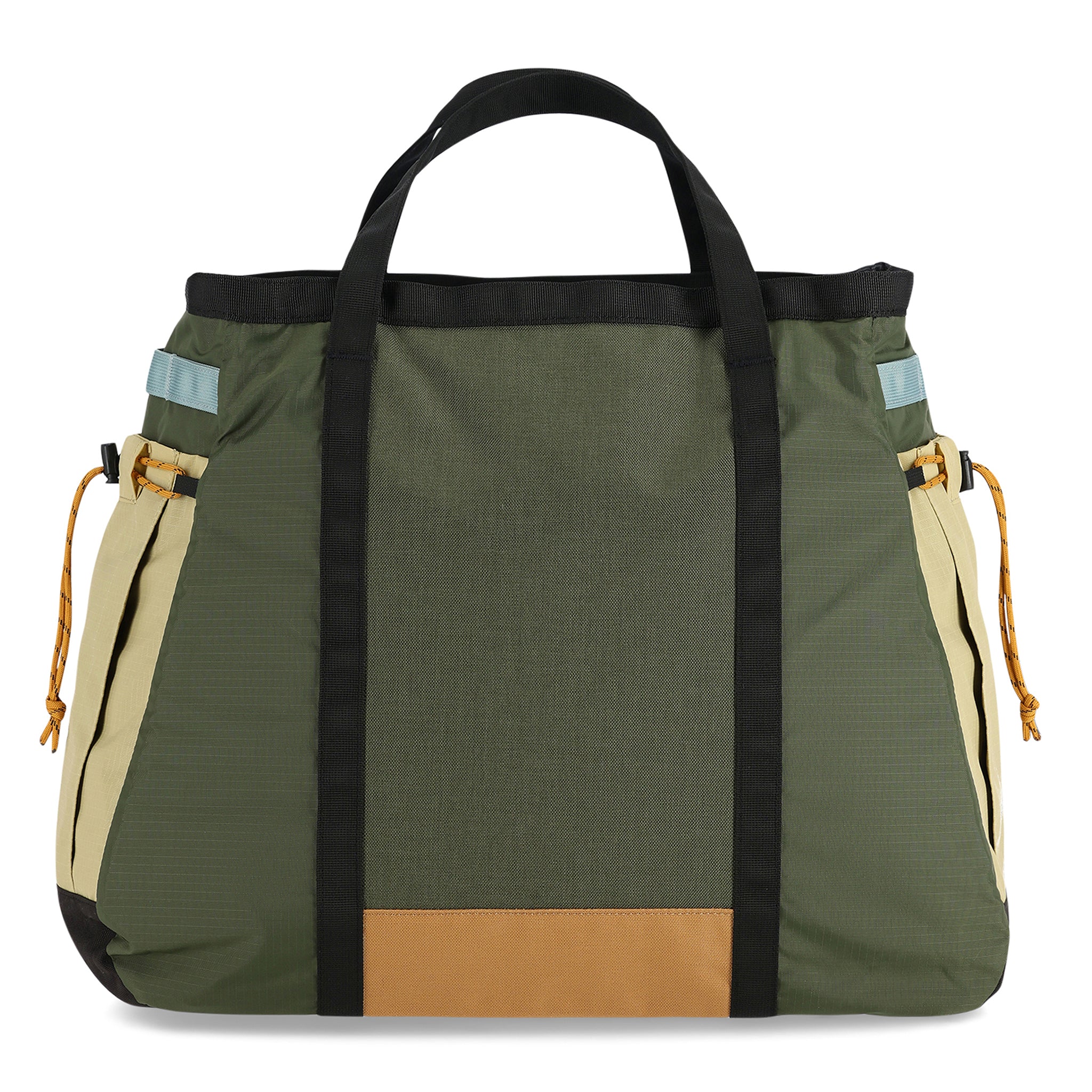 back shot of Topo Designs Mountain Gear Bag tote hauler in lightweight recycled "Bone White / Olive" nylon.