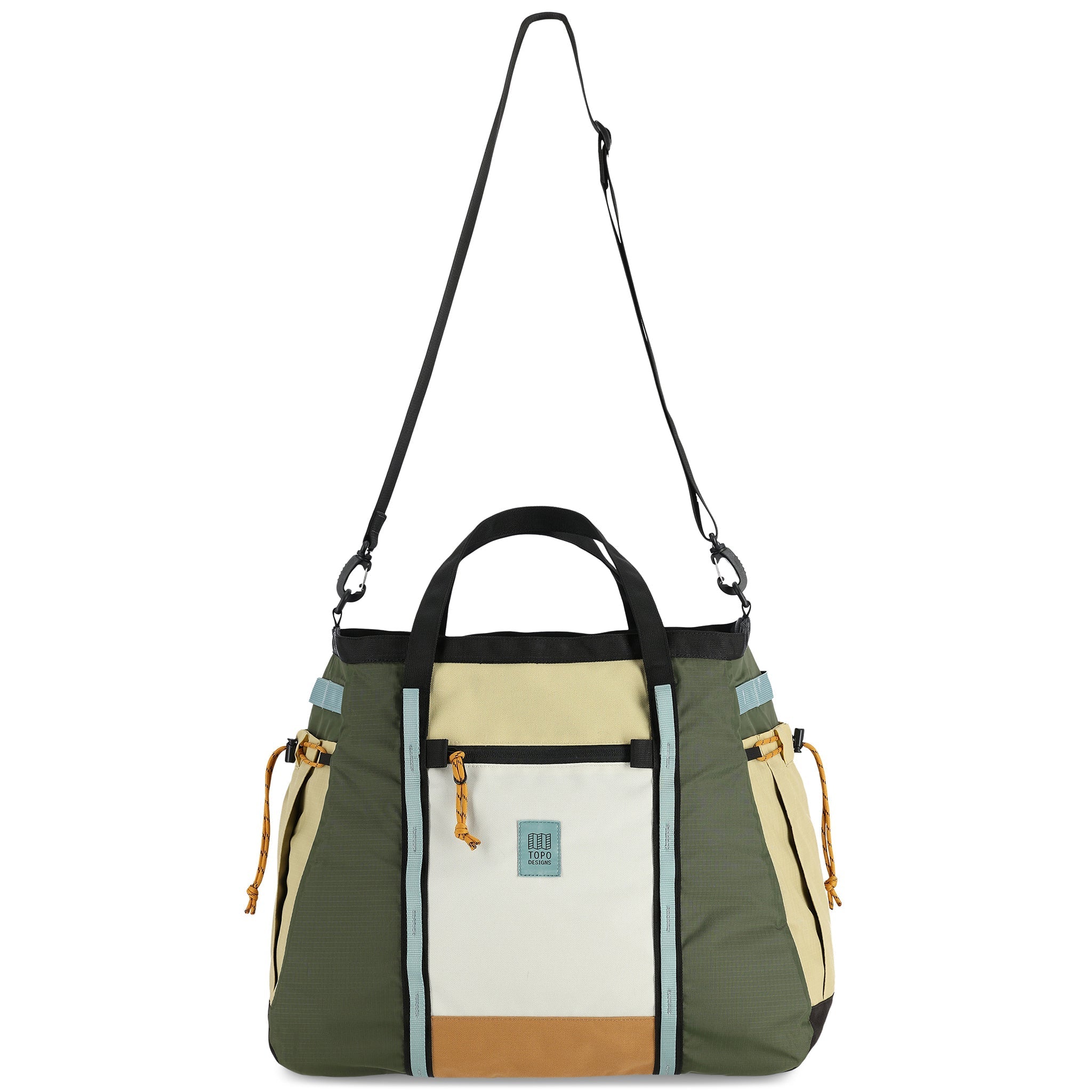 Topo Designs Mountain Gear Bag tote hauler in lightweight recycled "Bone White / Olive" nylon.