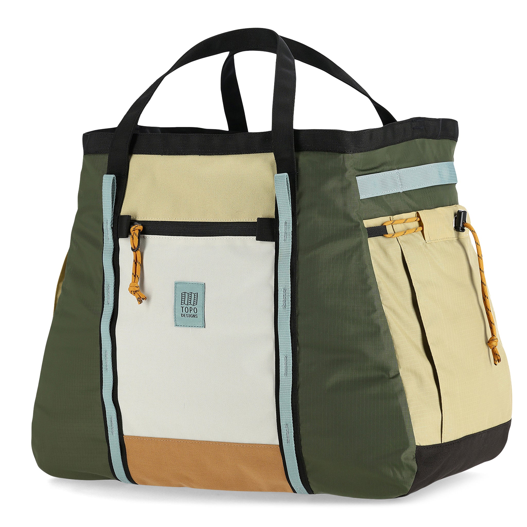 Topo Designs Mountain Gear Bag tote hauler in lightweight recycled "Bone White / Olive" nylon.