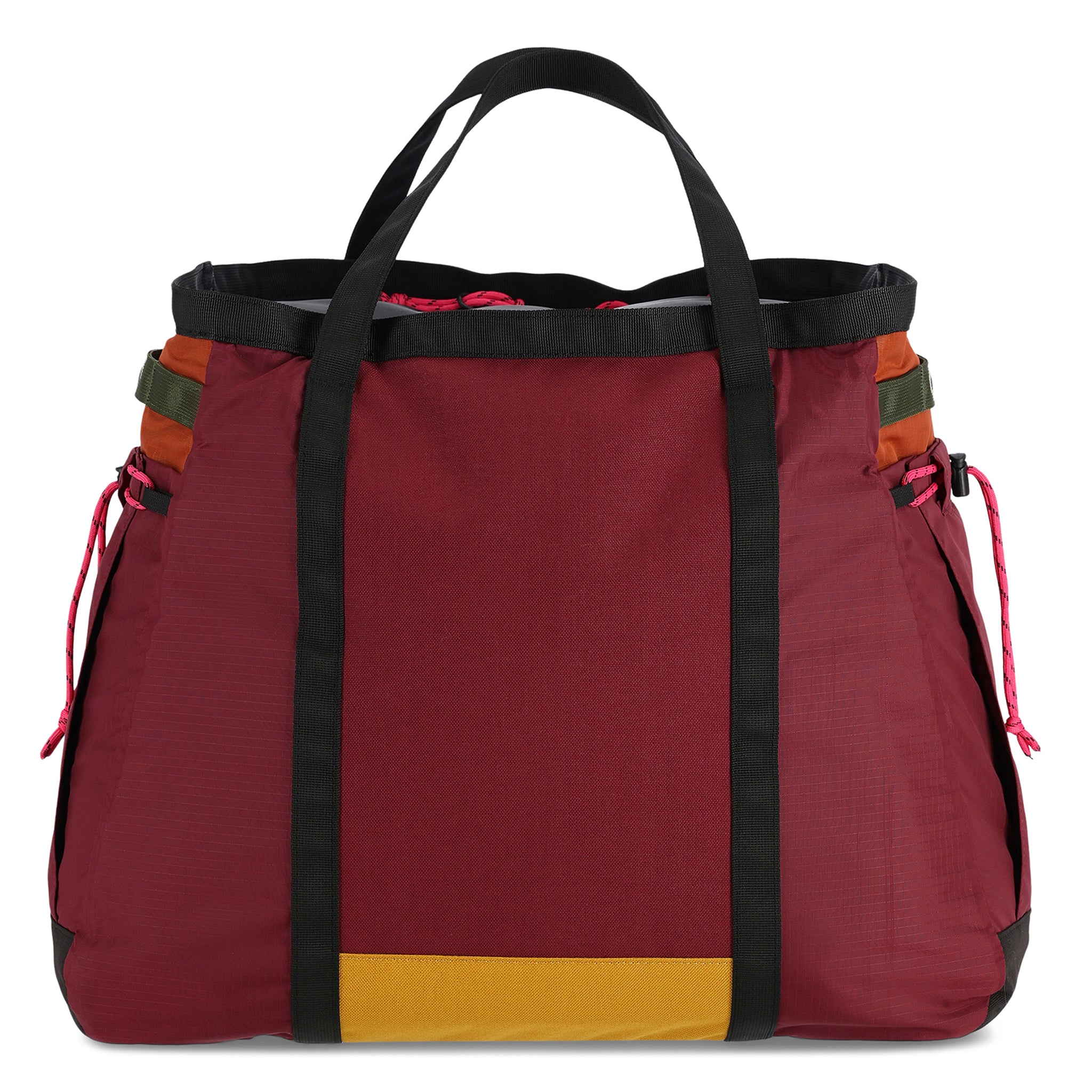 back shot of Topo Designs Mountain Gear Bag tote hauler in lightweight recycled "Burgundy / Dark Khaki" nylon.