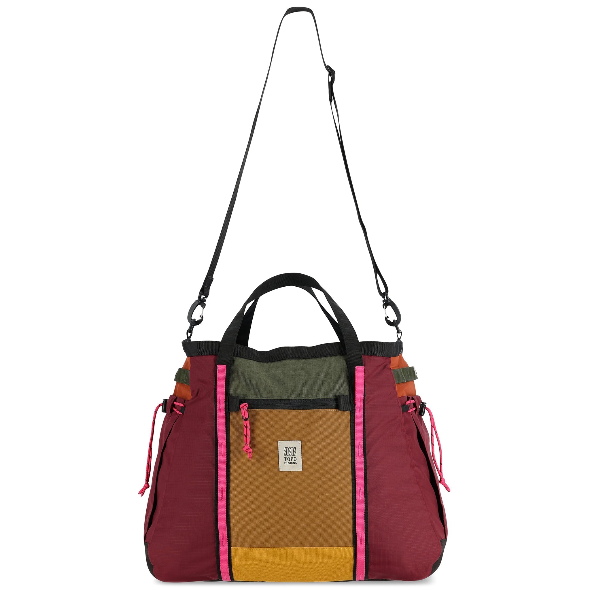 Topo Designs Mountain Gear Bag tote hauler in lightweight recycled "Burgundy / Dark Khaki" nylon.