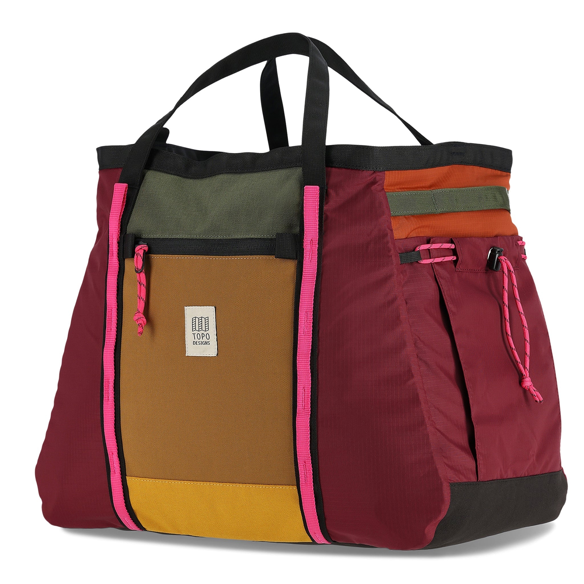 Topo Designs Mountain Gear Bag tote hauler in lightweight recycled "Burgundy / Dark Khaki" nylon.