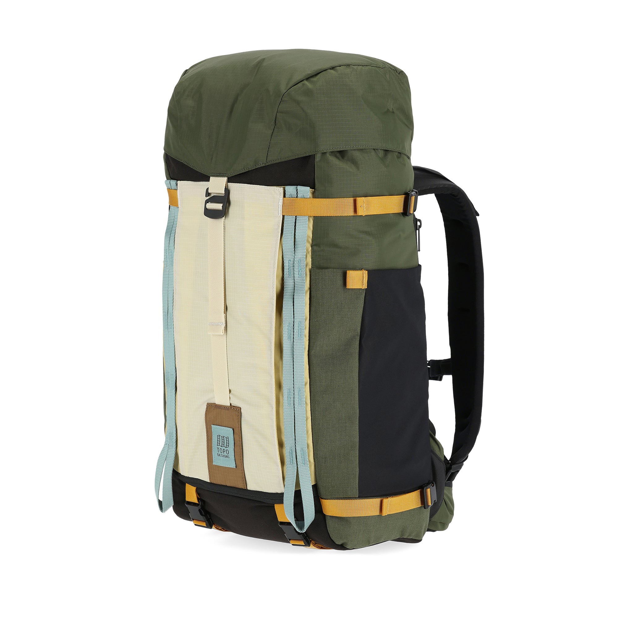 Topo Designs Mountain Pack 28L hiking backpack with external laptop sleeve access in lightweight recycled "Bone White / Olive" nylon.