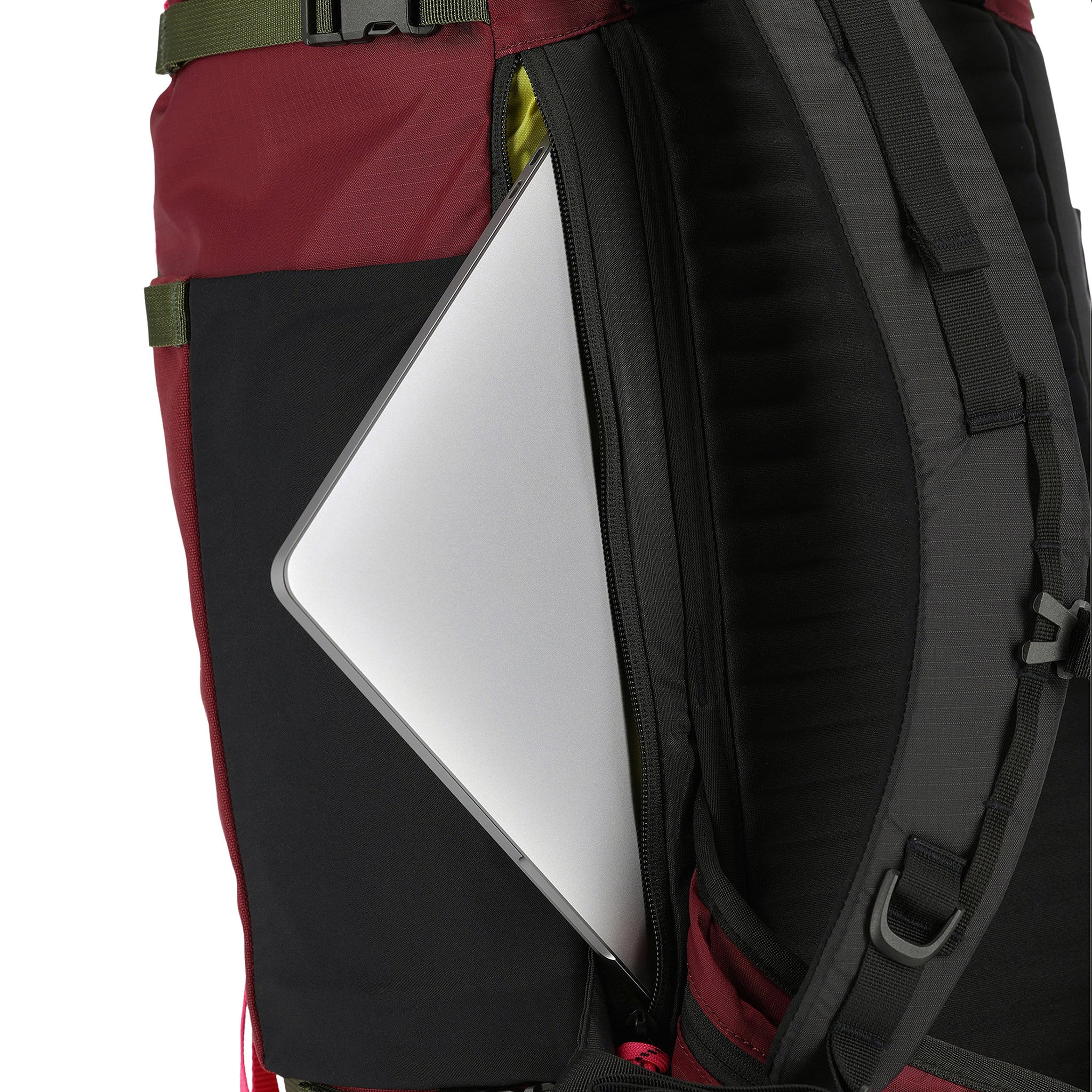 Shot of the laptop zip open compartment for the Topo Designs Mountain Pack 28L hiking backpack with external laptop sleeve access in lightweight recycled "Burgundy / Dark Khaki" nylon.