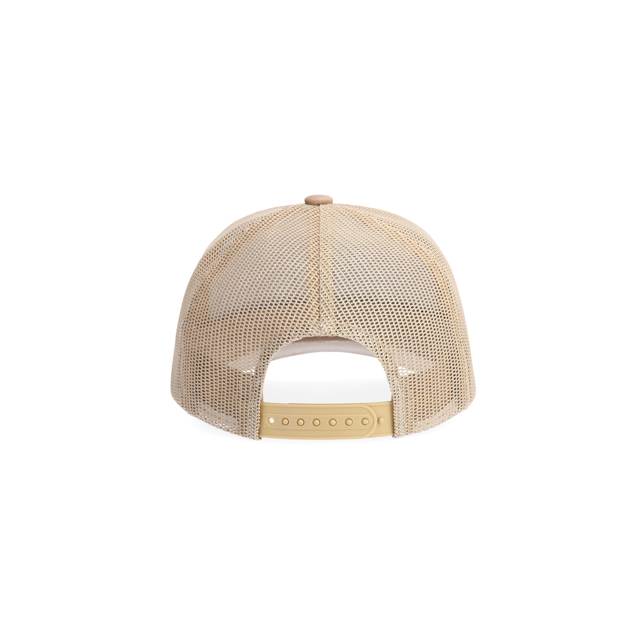 Back shot of Topo Designs Trucker Hat with mesh back and original logo patch in "Tan".